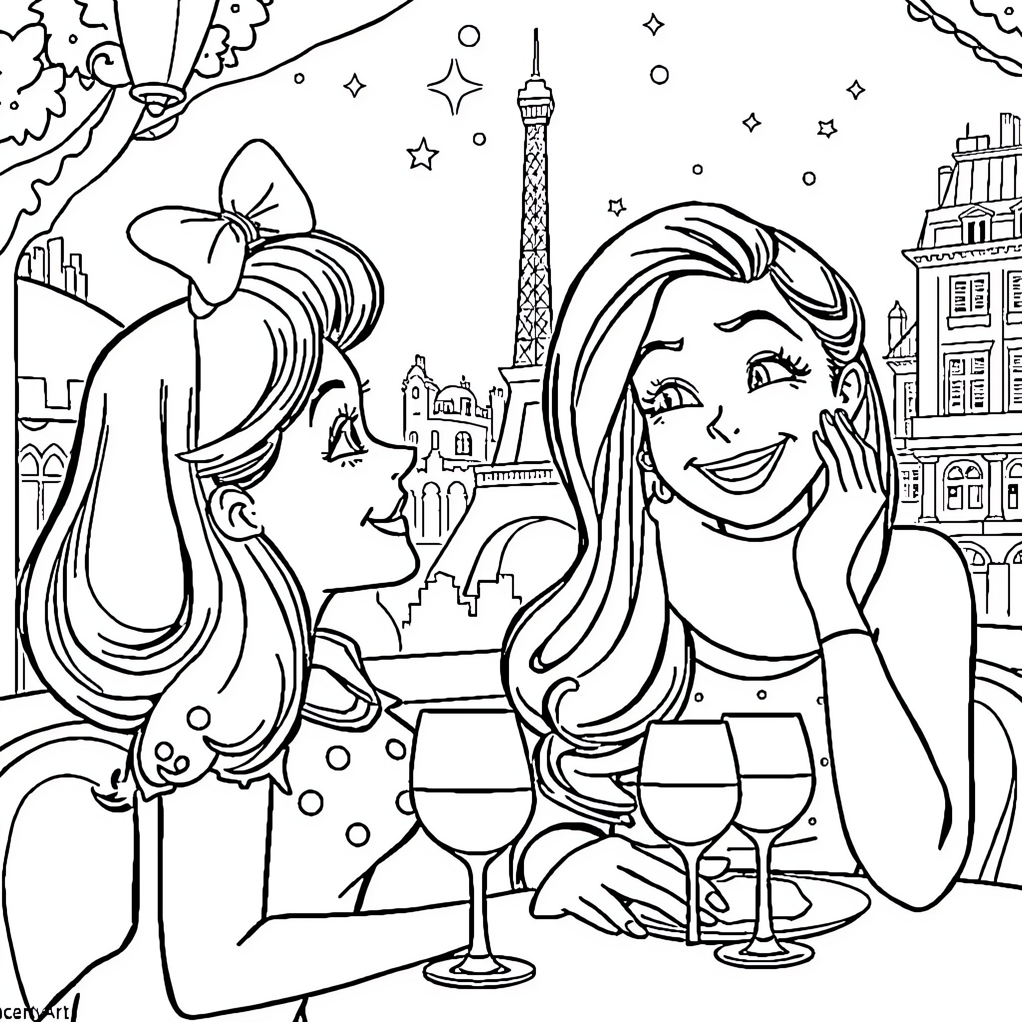 Marinette's Parisian Adventure with Friends Coloring Page (free black-and-white line drawing printable PDF for all, from beginners to advanced learners, including children, teens, adults, and seniors)