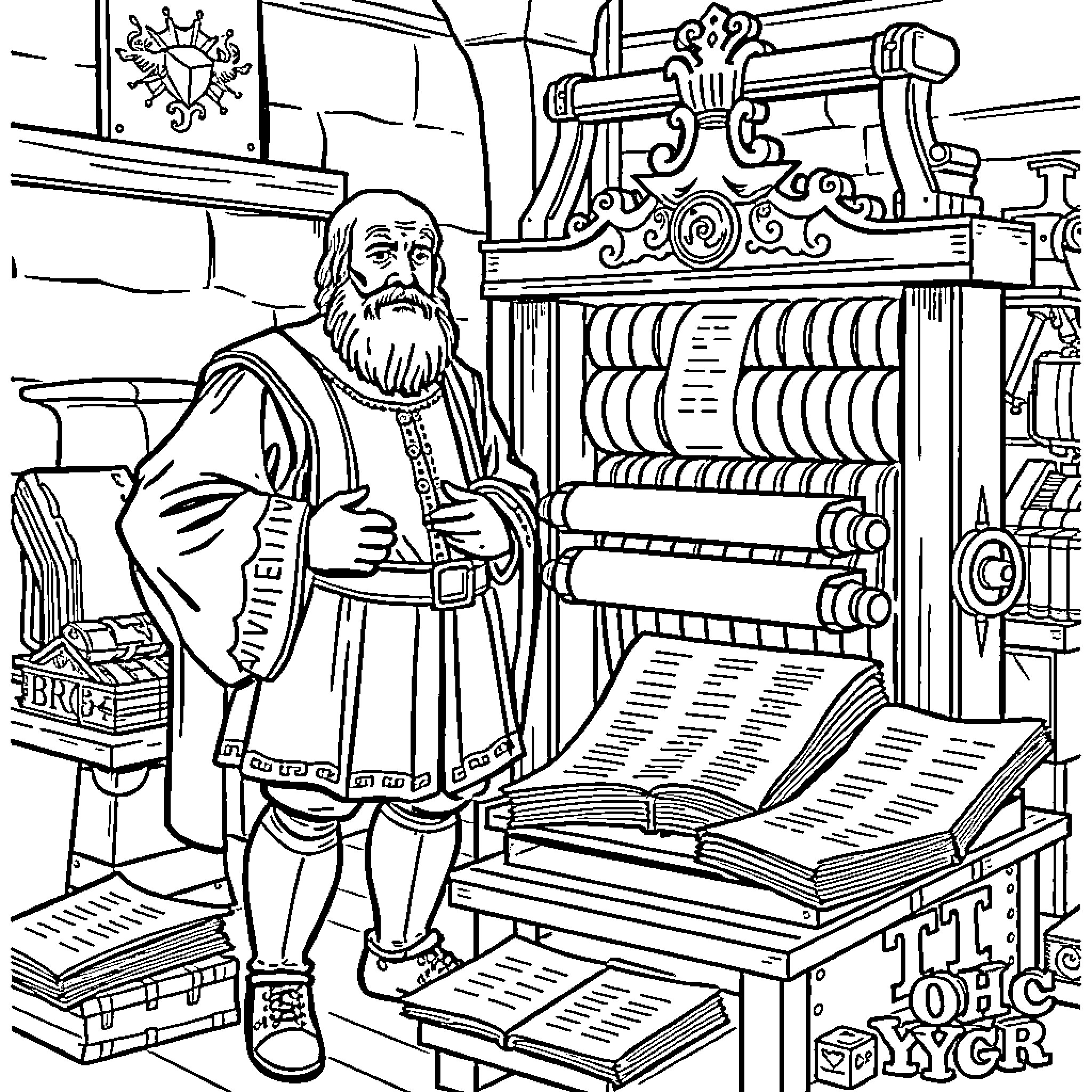 Gutenberg working diligently on his printing press Coloring Page (free black-and-white line drawing printable PDF for all, from beginners to advanced learners, including children, teens, adults, and seniors)