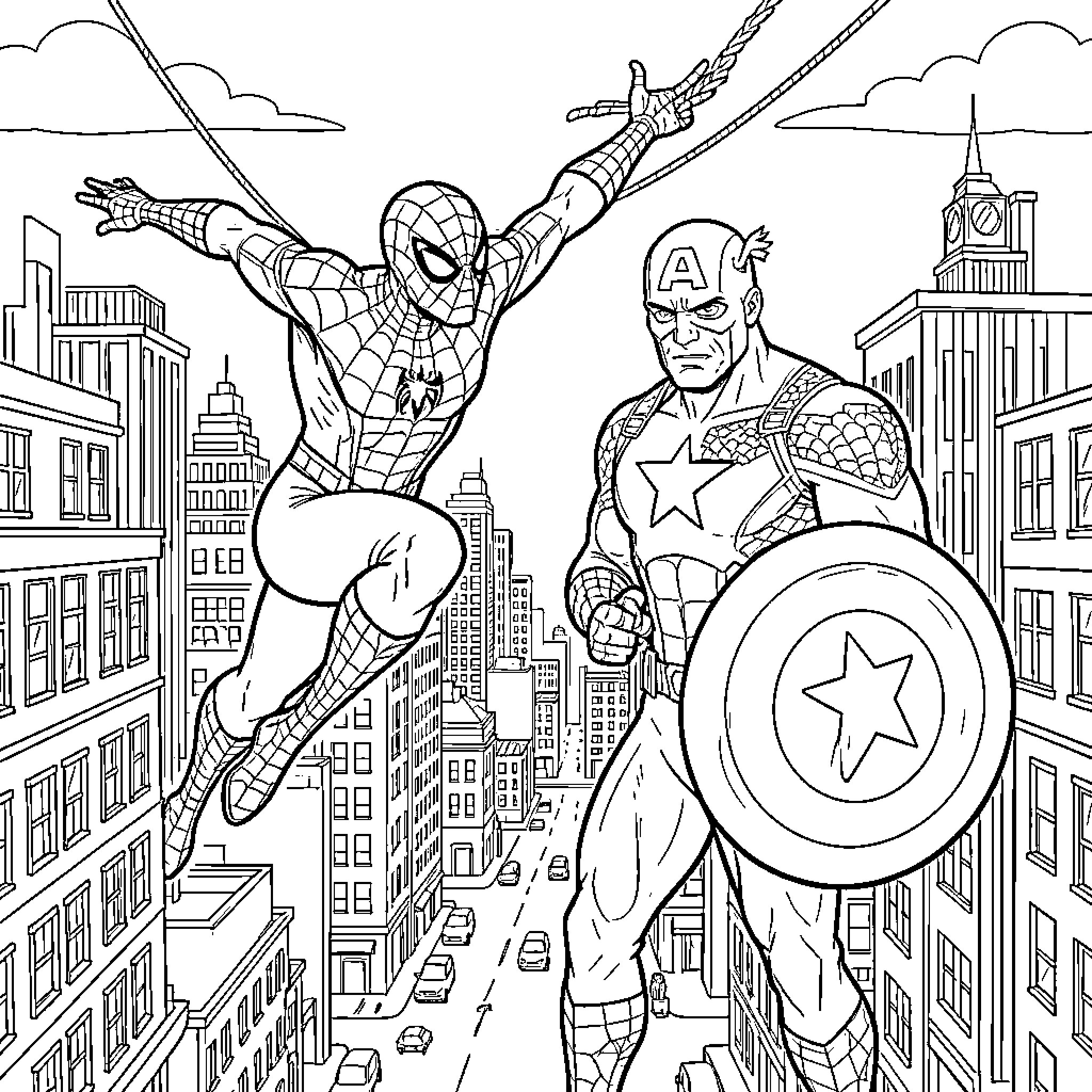 Spiderman and Captain America Heroic Actions in the City Coloring Page (free black-and-white line drawing printable PDF for all, from beginners to advanced learners, including children, teens, adults, and seniors)