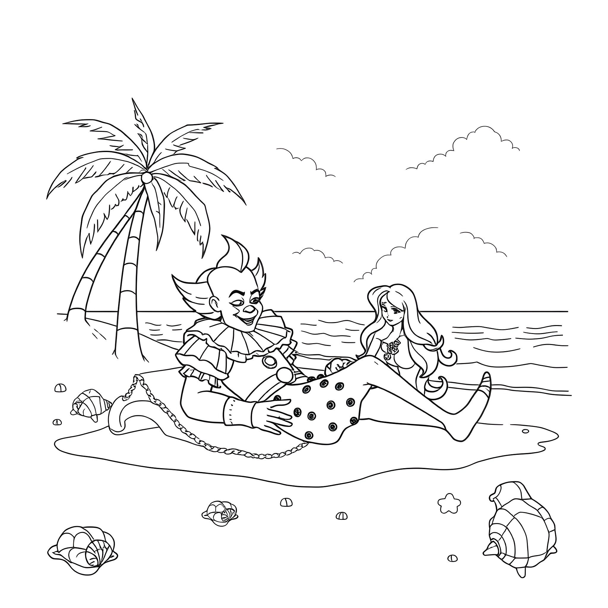 Pennywise the clown playing with a mermaid on the beach Coloring Page (free black-and-white line drawing printable PDF for all, from beginners to advanced learners, including children, teens, adults, and seniors)
