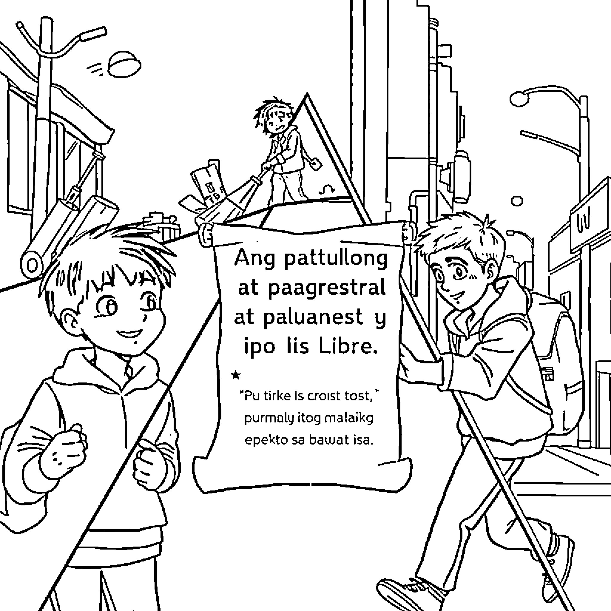 Anime Boys Enjoying Protesting for Freedom Coloring Page (free black-and-white line drawing printable PDF for all, from beginners to advanced learners, including children, teens, adults, and seniors)