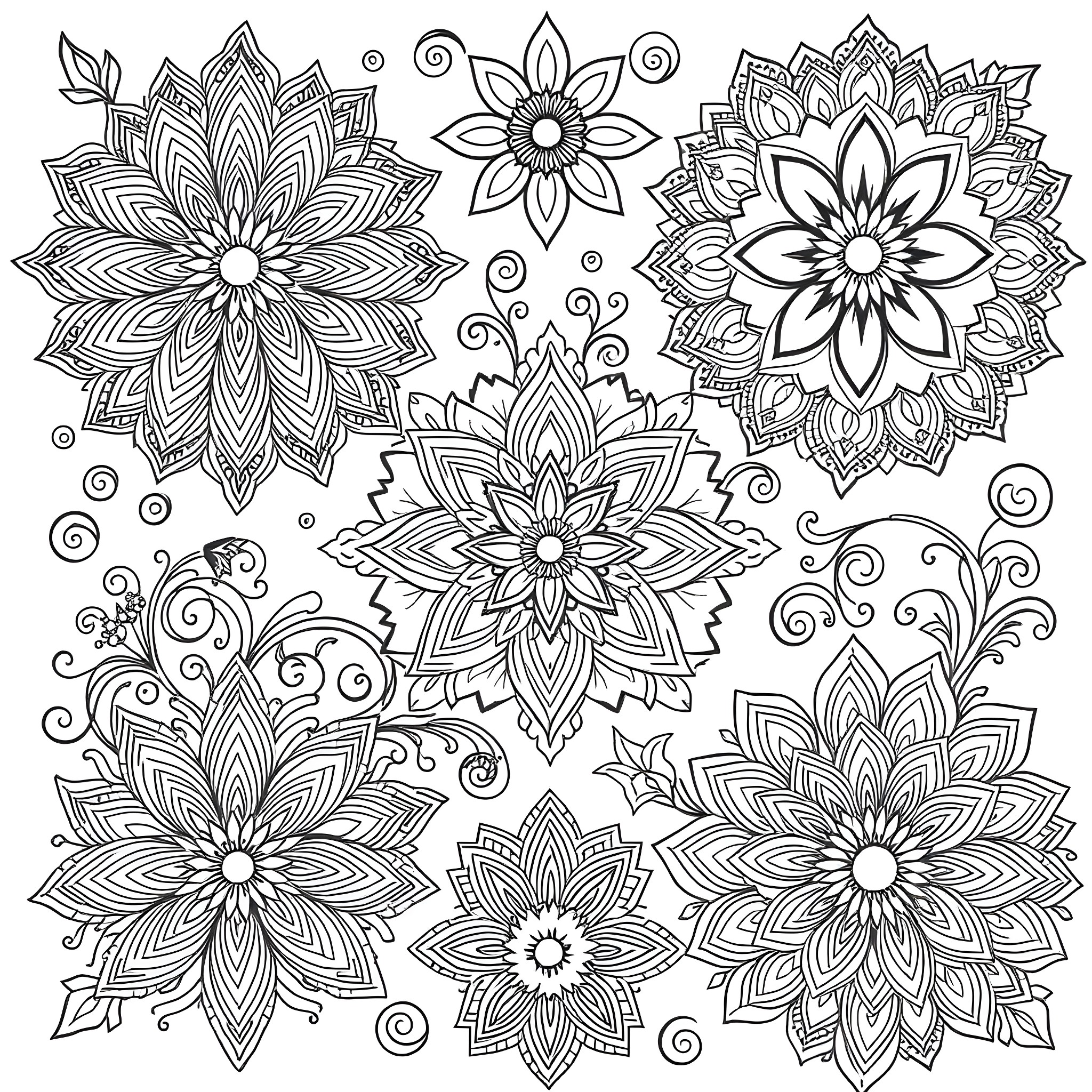 Pattern of Intricate Floral Designs Coloring Page (free black-and-white line drawing printable PDF for all, from beginners to advanced learners, including children, teens, adults, and seniors)