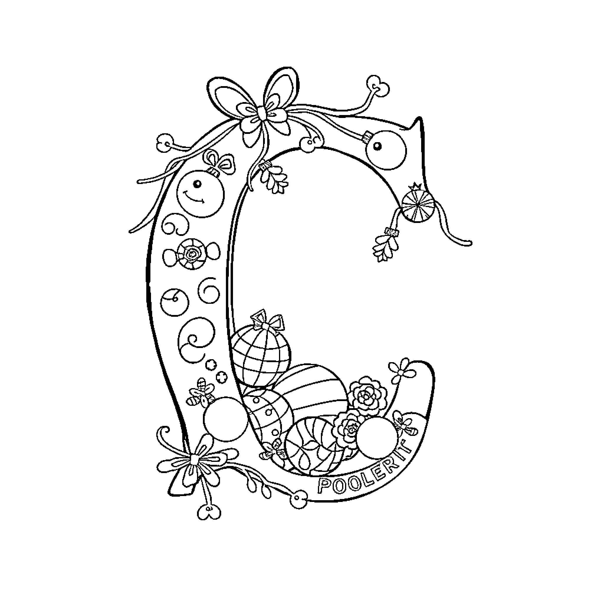 Letter C with Decorative Floral Elements Coloring Page (free black-and-white line drawing printable PDF for all, from beginners to advanced learners, including children, teens, adults, and seniors)