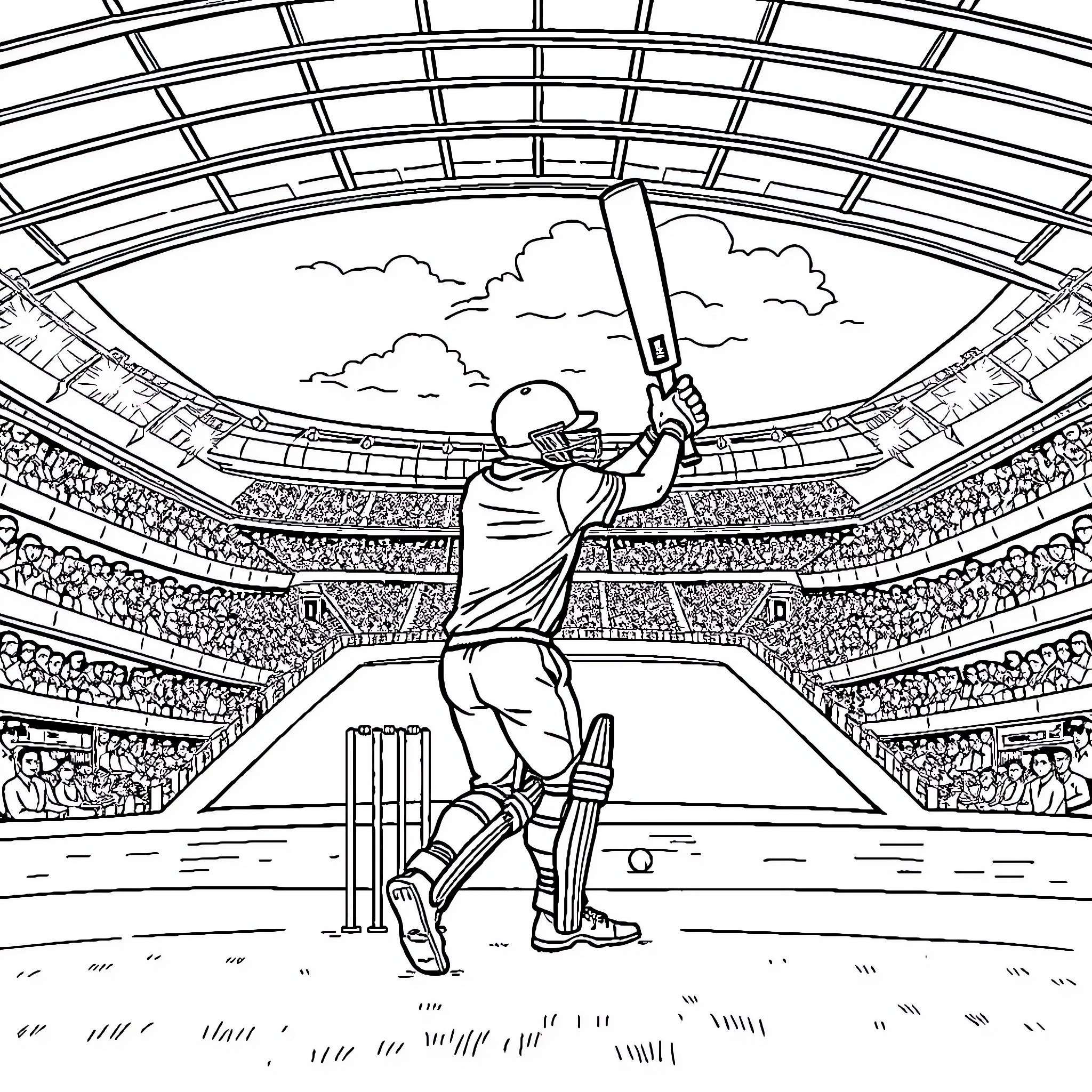 Cricket Player Celebrates Victory in Stadium Coloring Page (free black-and-white line drawing printable PDF for all, from beginners to advanced learners, including children, teens, adults, and seniors)