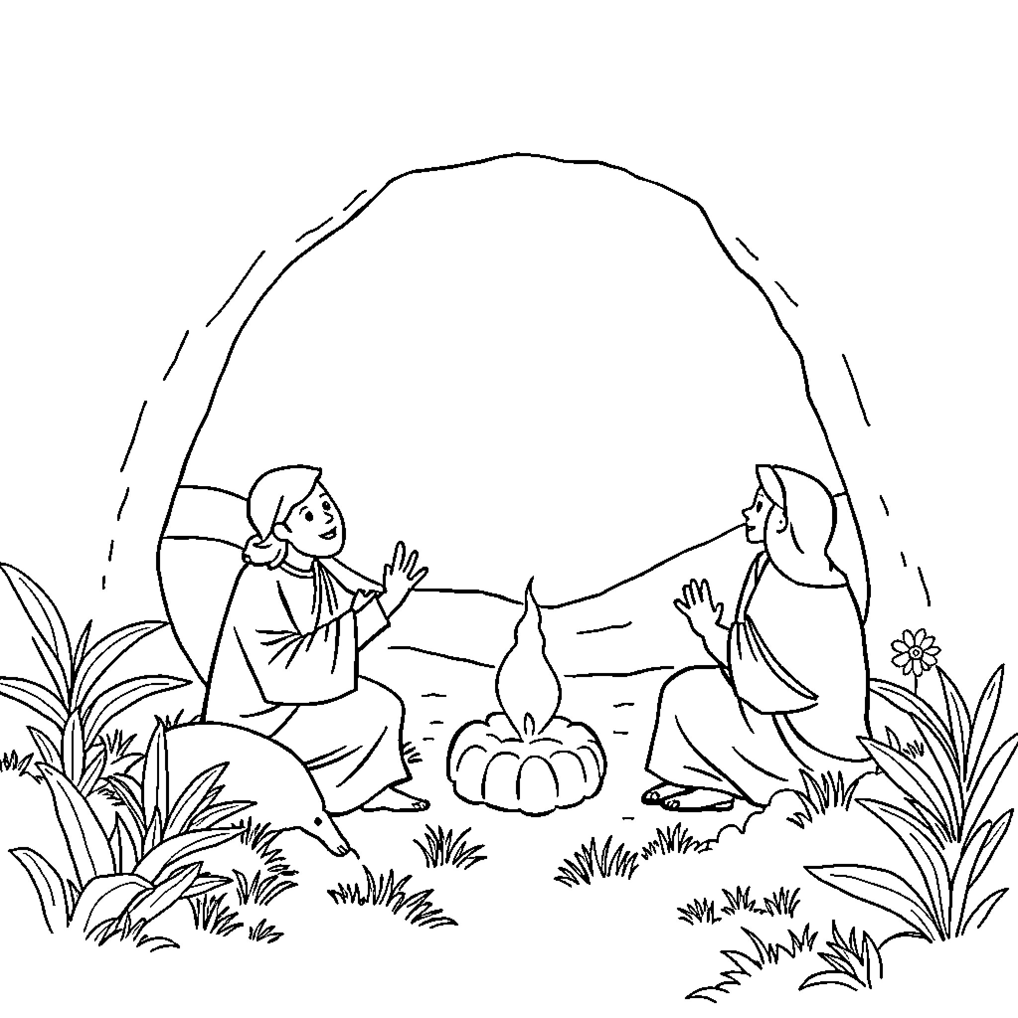 Bible Story of Two Figures Conversing by a Campfire Coloring Page (free black-and-white line drawing printable PDF for all, from beginners to advanced learners, including children, teens, adults, and seniors)