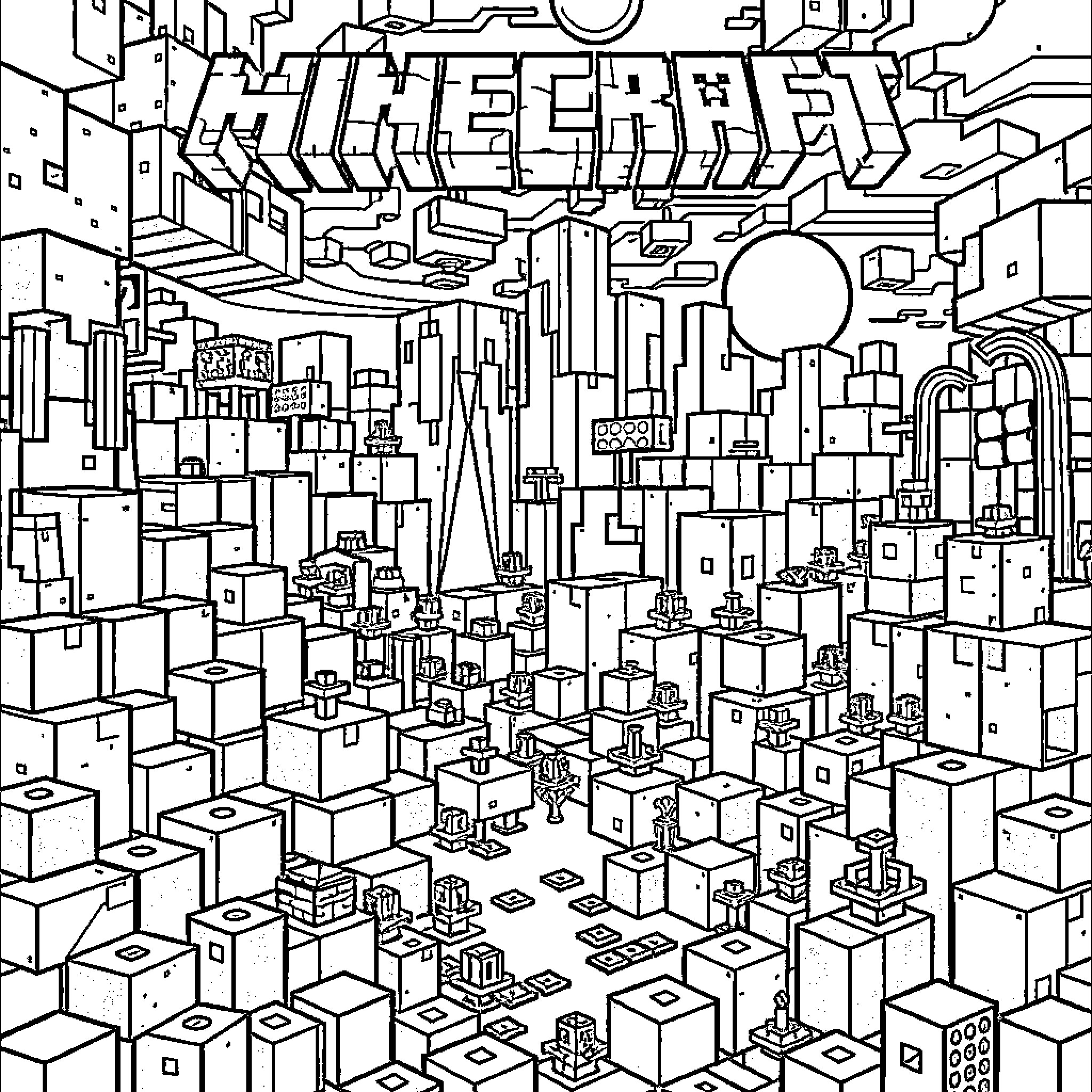 Minecraft Cityscape with Geometric Structures Coloring Page (free black-and-white line drawing printable PDF for all, from beginners to advanced learners, including children, teens, adults, and seniors)