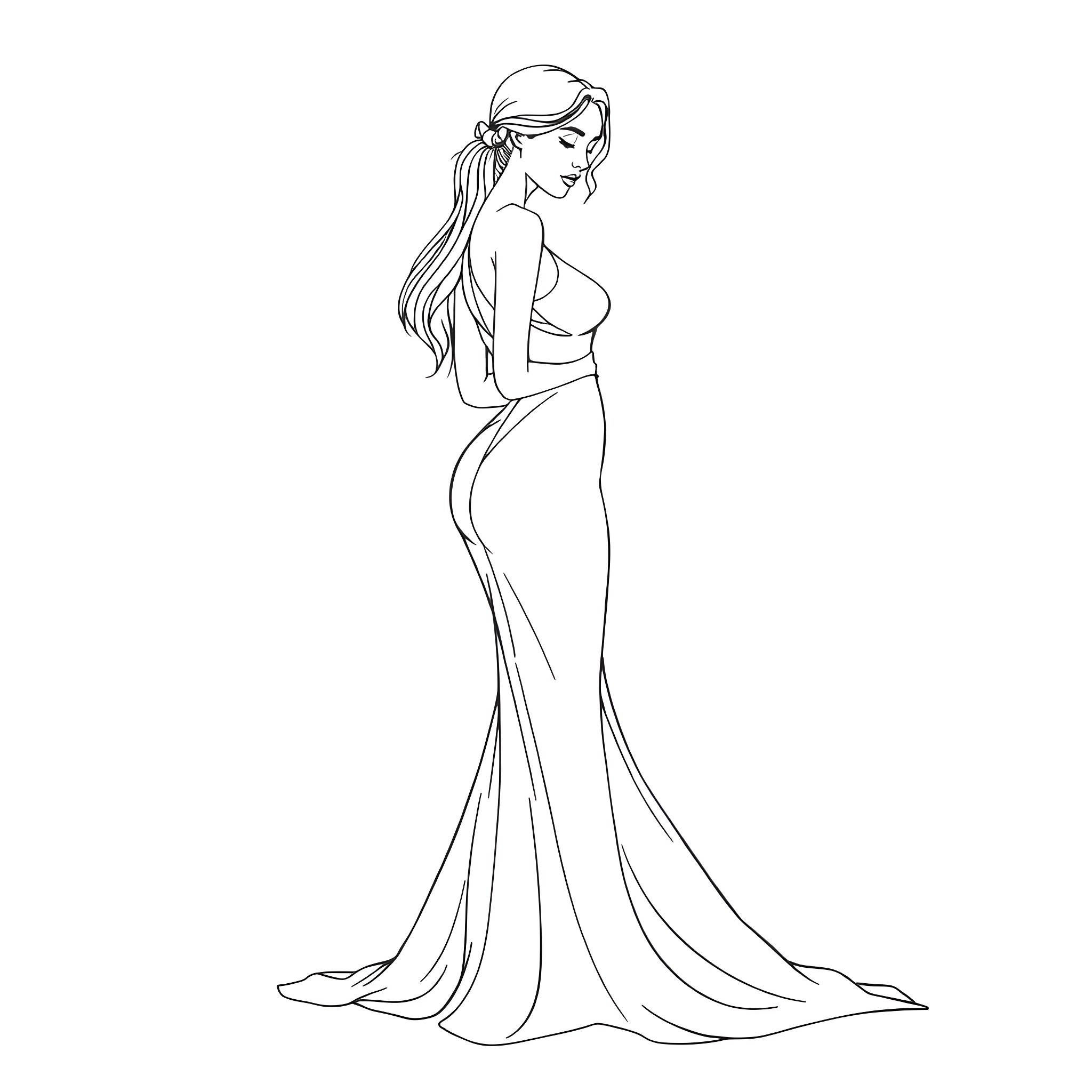 Woman in elegant evening gown posing gracefully Coloring Page (free black-and-white line drawing printable PDF for all, from beginners to advanced learners, including children, teens, adults, and seniors)