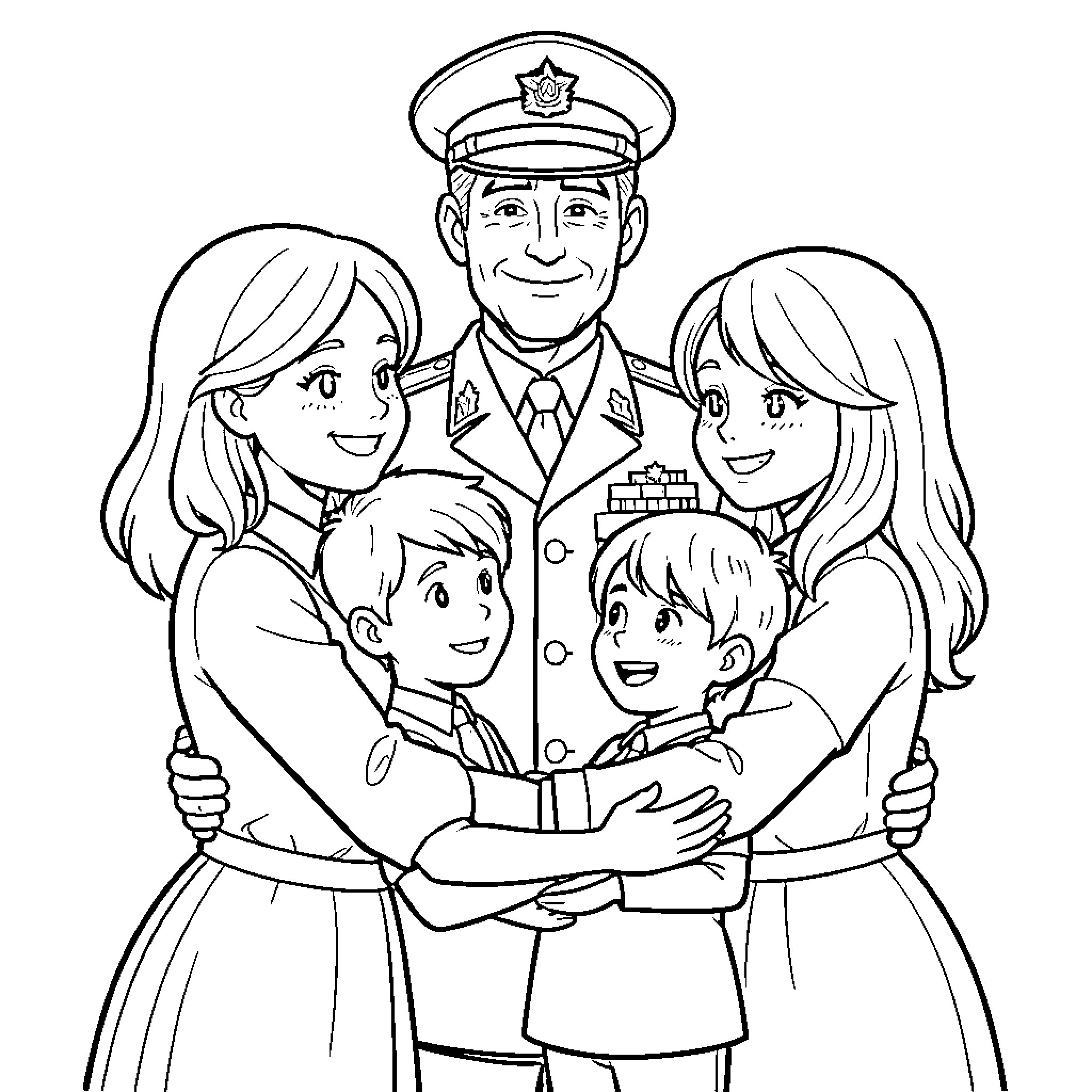 Family embracing happily around a smiling uniformed officer Coloring Page (free black-and-white line drawing printable PDF for all, from beginners to advanced learners, including children, teens, adults, and seniors)