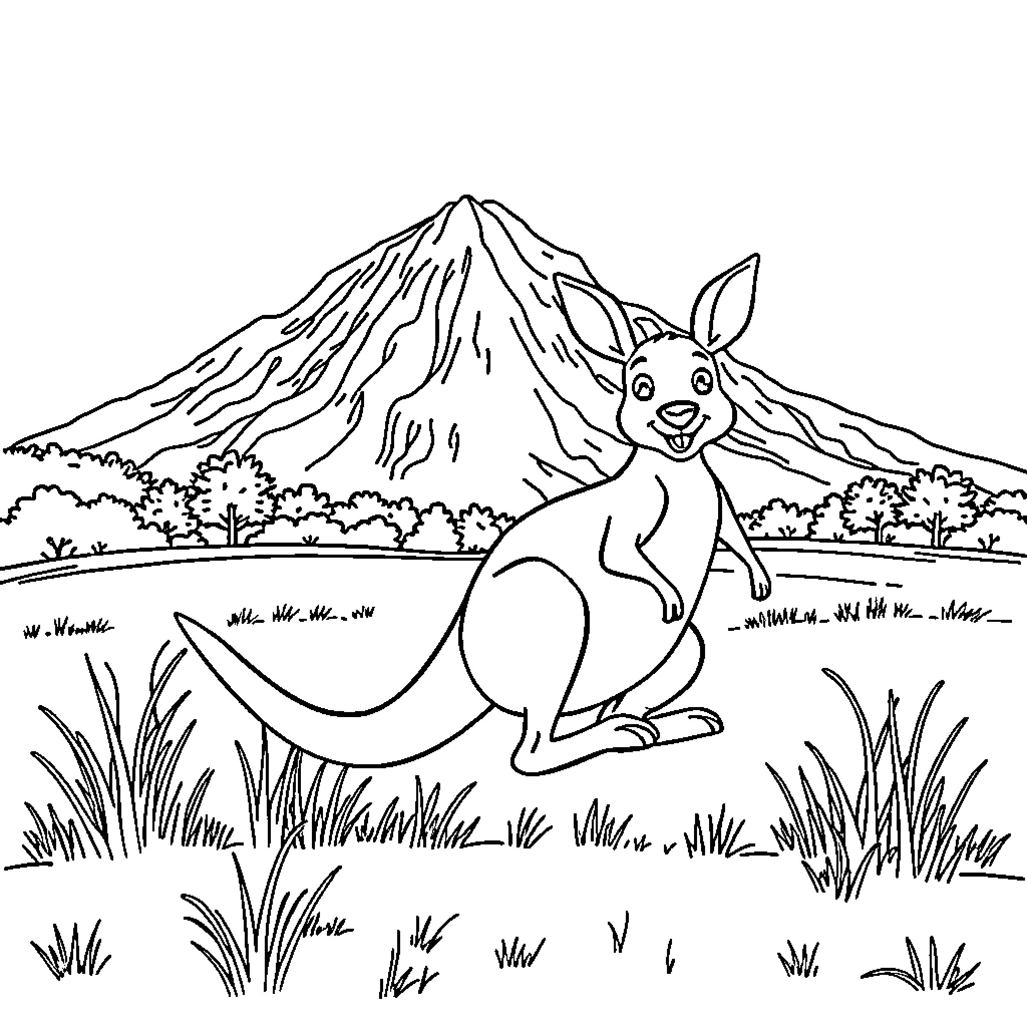 Kangaroo standing in front of a scenic mountain landscape Coloring Page (free black-and-white line drawing printable PDF for all, from beginners to advanced learners, including children, teens, adults, and seniors)
