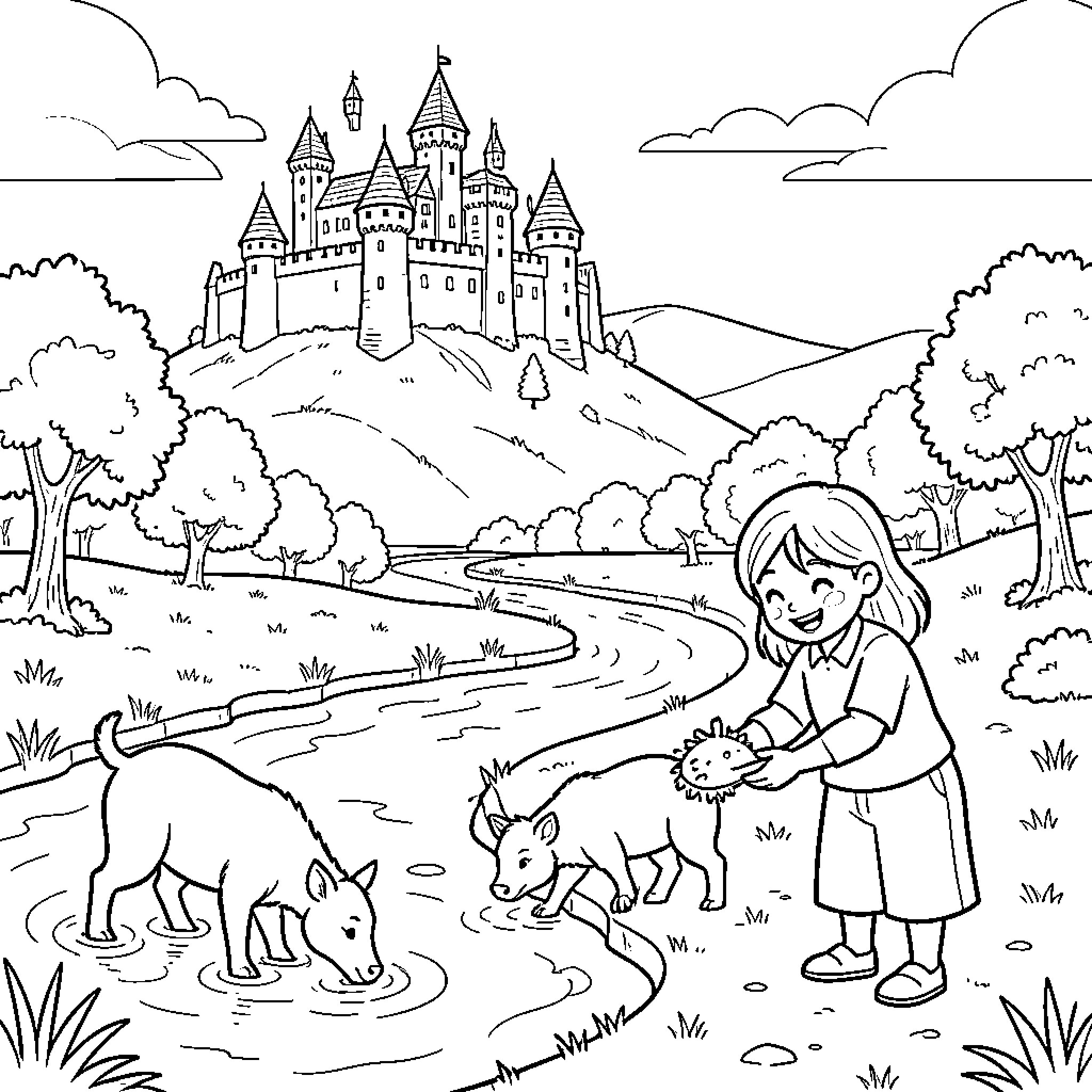 Castle background with a girl feeding small pigs Coloring Page (free black-and-white line drawing printable PDF for all, from beginners to advanced learners, including children, teens, adults, and seniors)