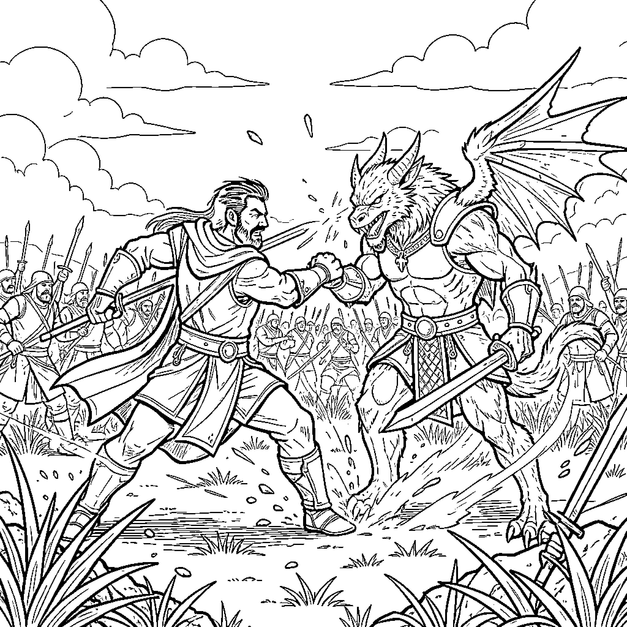 Gust of Heroic Battle Between Knight and Dragon Coloring Page (free black-and-white line drawing printable PDF for all, from beginners to advanced learners, including children, teens, adults, and seniors)