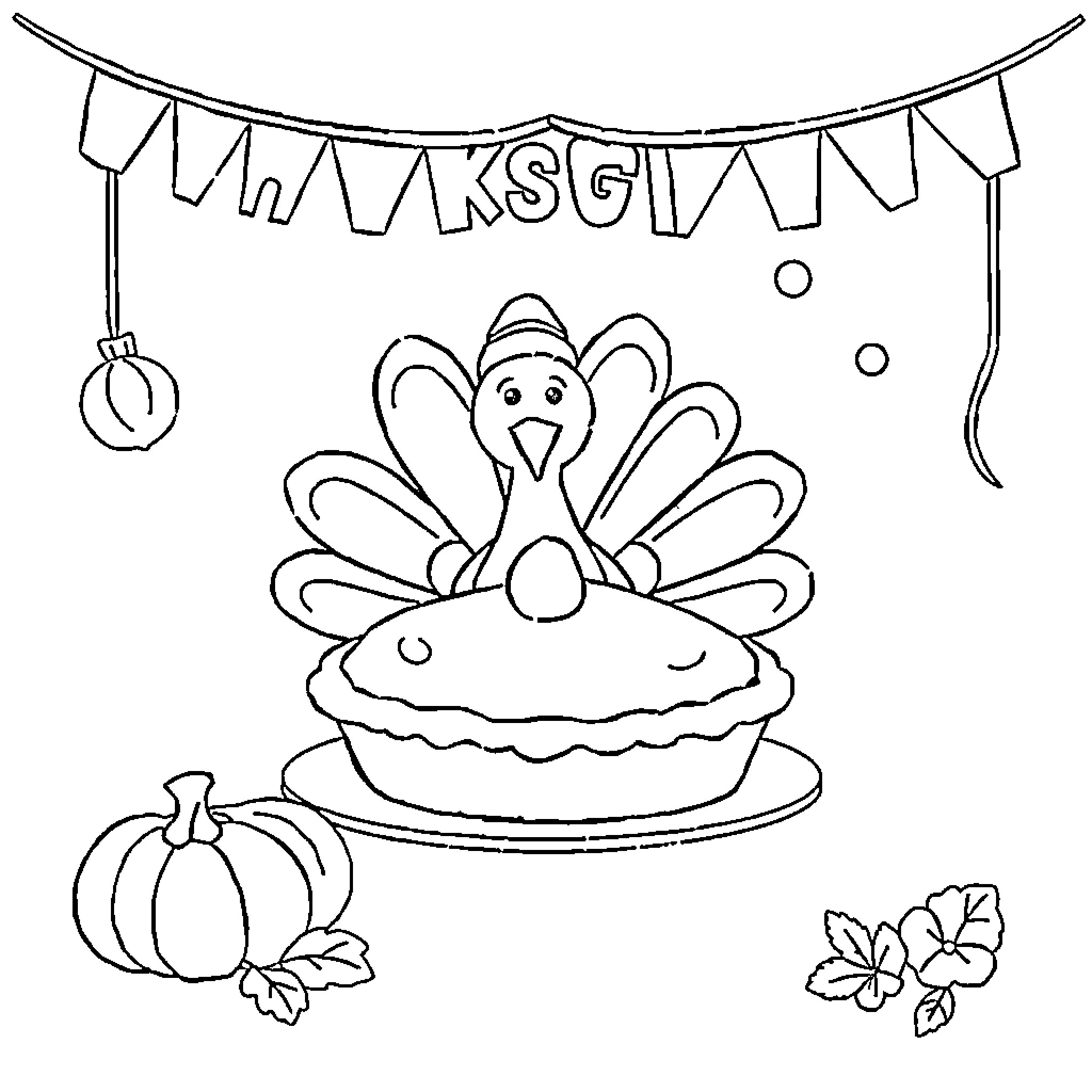 Thanksgiving Turkey and Pumpkin Decorations Coloring Page (free black-and-white line drawing printable PDF for all, from beginners to advanced learners, including children, teens, adults, and seniors)