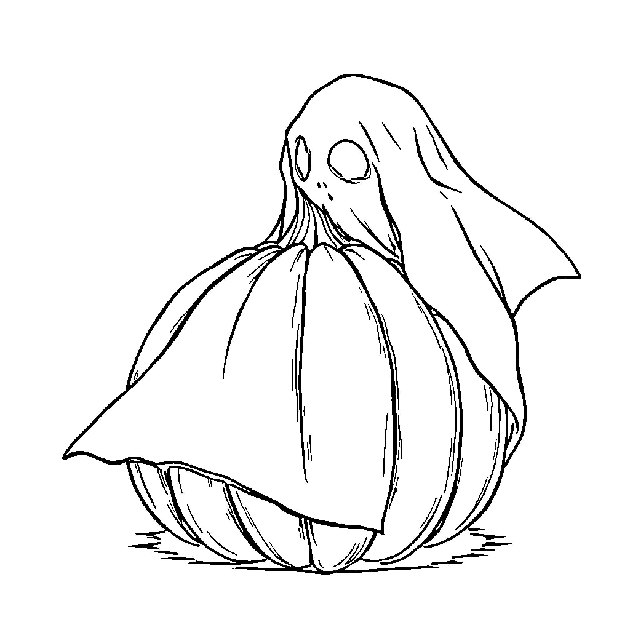 Pumpkin character wearing a ghostly costume Coloring Page (free black-and-white line drawing printable PDF for all, from beginners to advanced learners, including children, teens, adults, and seniors)