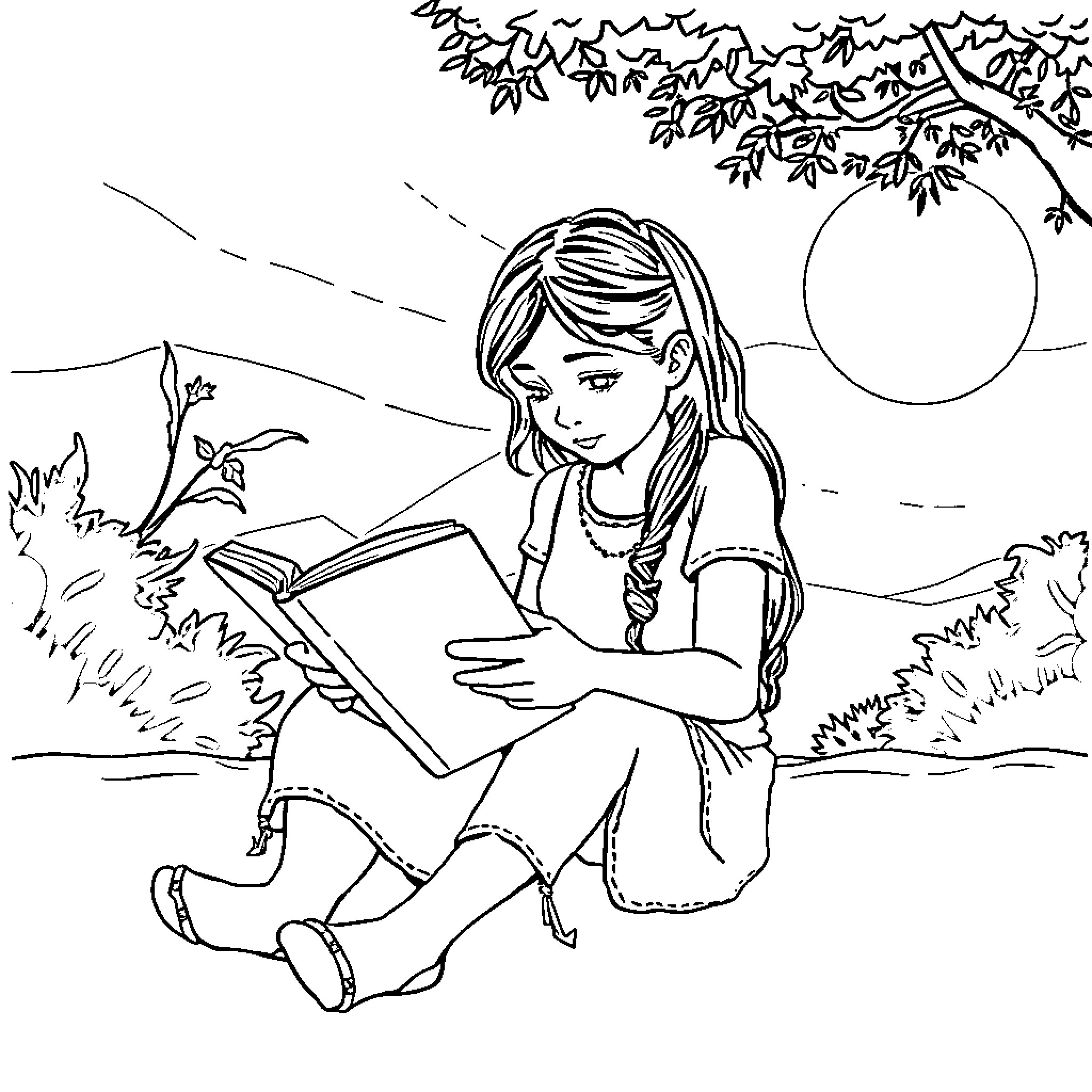 Girl reading book peacefully in the park Coloring Page (free black-and-white line drawing printable PDF for all, from beginners to advanced learners, including children, teens, adults, and seniors)