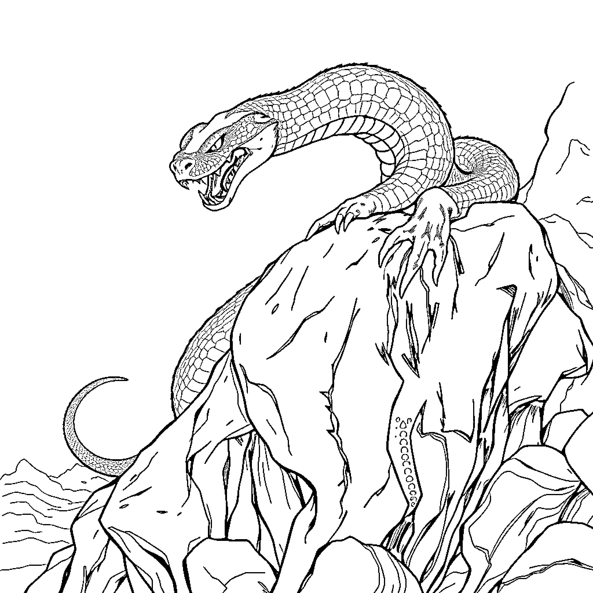 Serpent Coiled Atop Rocky Cliff Coloring Page (free black-and-white line drawing printable PDF for all, from beginners to advanced learners, including children, teens, adults, and seniors)