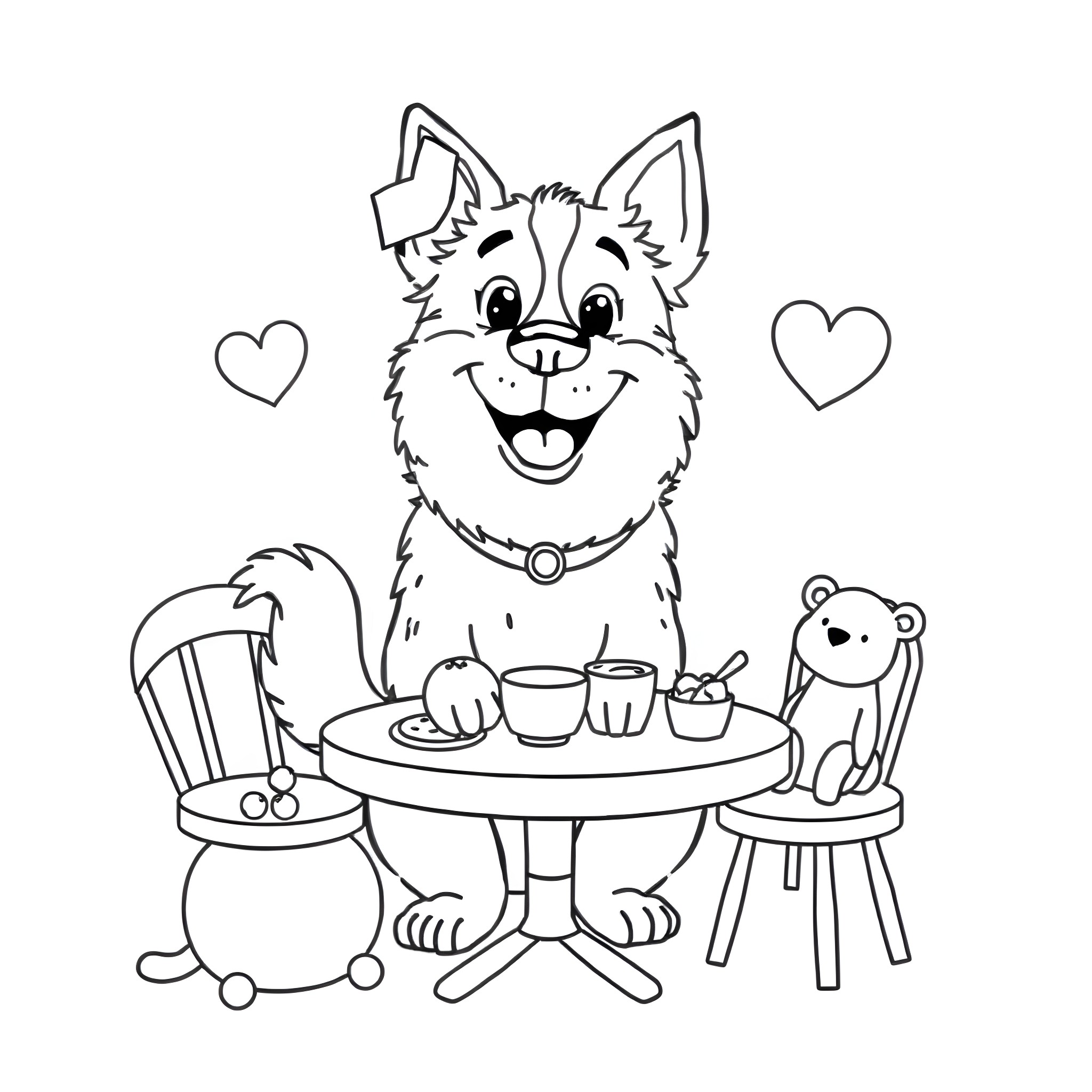 Dog having a tea party with friends Coloring Page (free black-and-white line drawing printable PDF for all, from beginners to advanced learners, including children, teens, adults, and seniors)