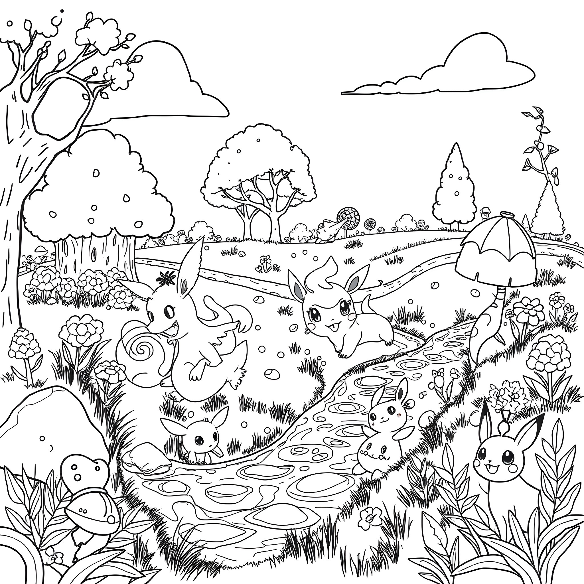 Pokémon characters exploring a whimsical forest landscape Coloring Page (free black-and-white line drawing printable PDF for all, from beginners to advanced learners, including children, teens, adults, and seniors)