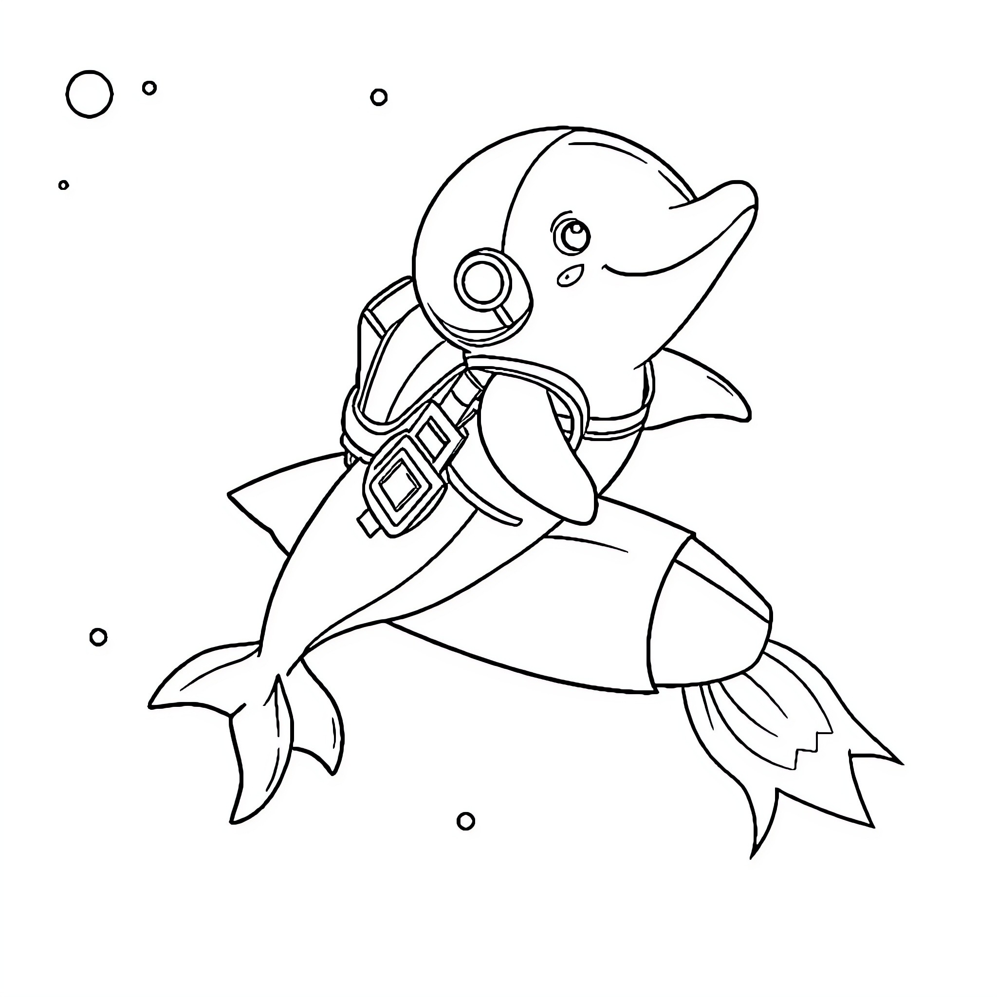 Dolphin riding a rocket in space Coloring Page (free black-and-white line drawing printable PDF for all, from beginners to advanced learners, including children, teens, adults, and seniors)