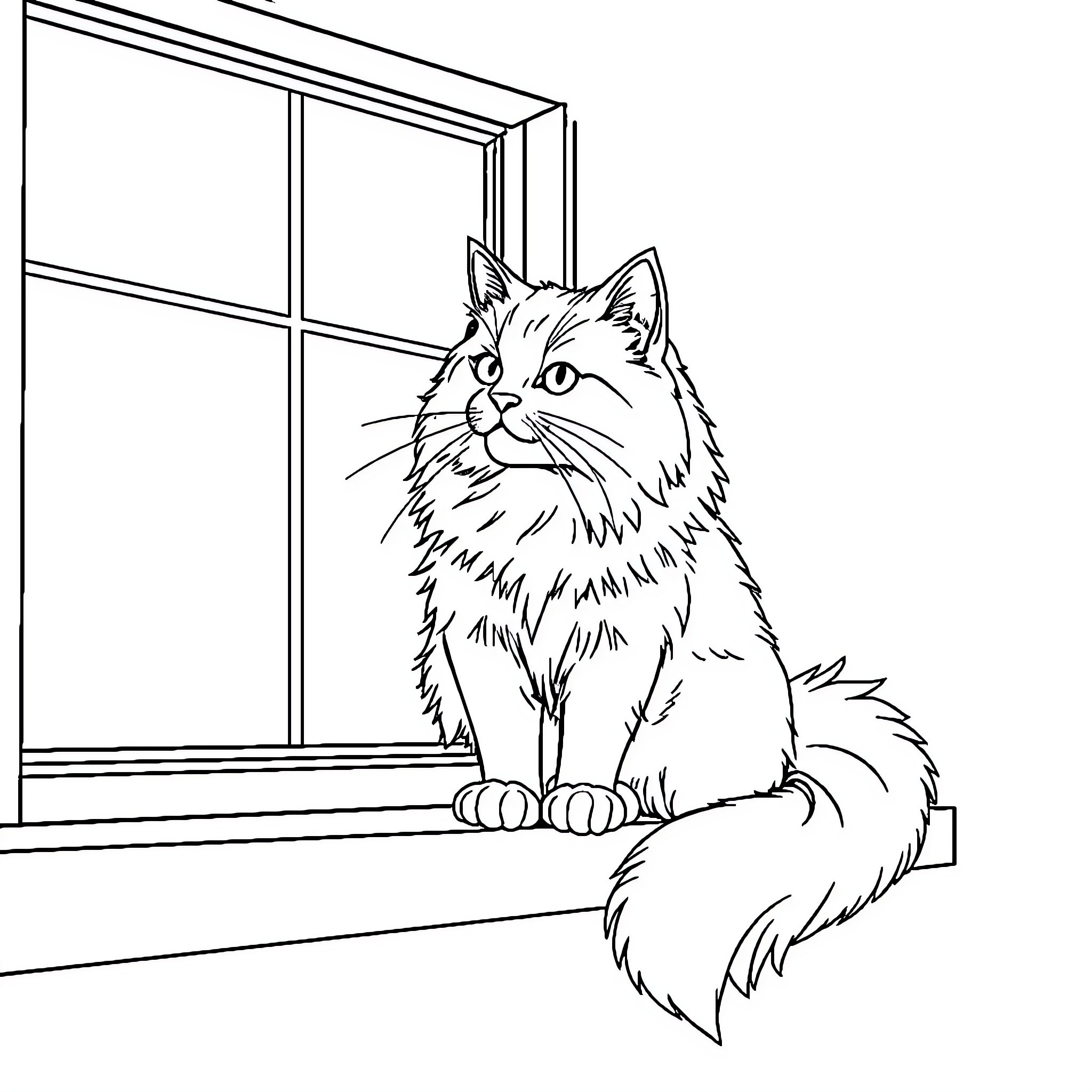 Cat looking out the window Coloring Page (free black-and-white line drawing printable PDF for all, from beginners to advanced learners, including children, teens, adults, and seniors)