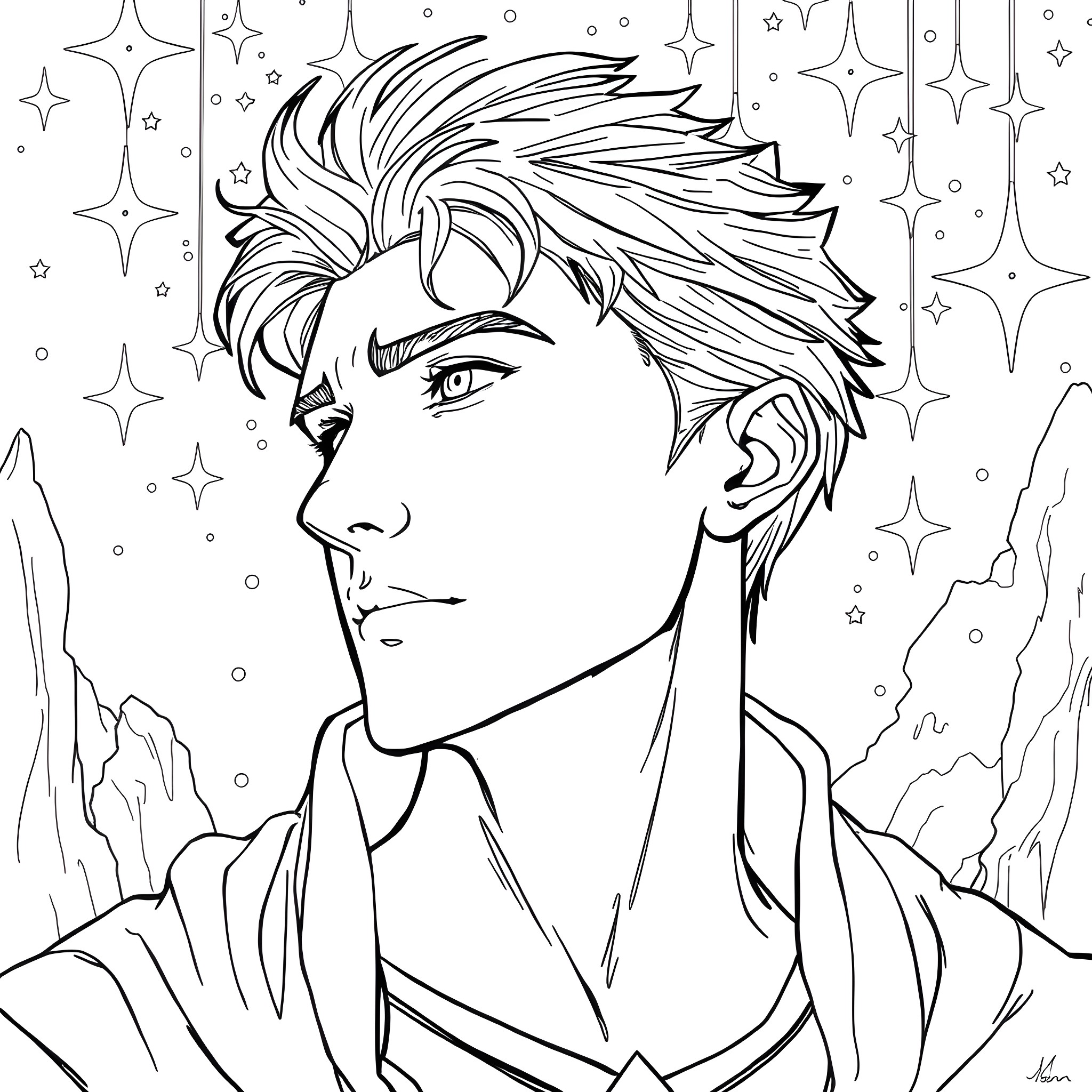 Rhysand's Starry Gaze Coloring Page (free black-and-white line drawing printable PDF for all, from beginners to advanced learners, including children, teens, adults, and seniors)