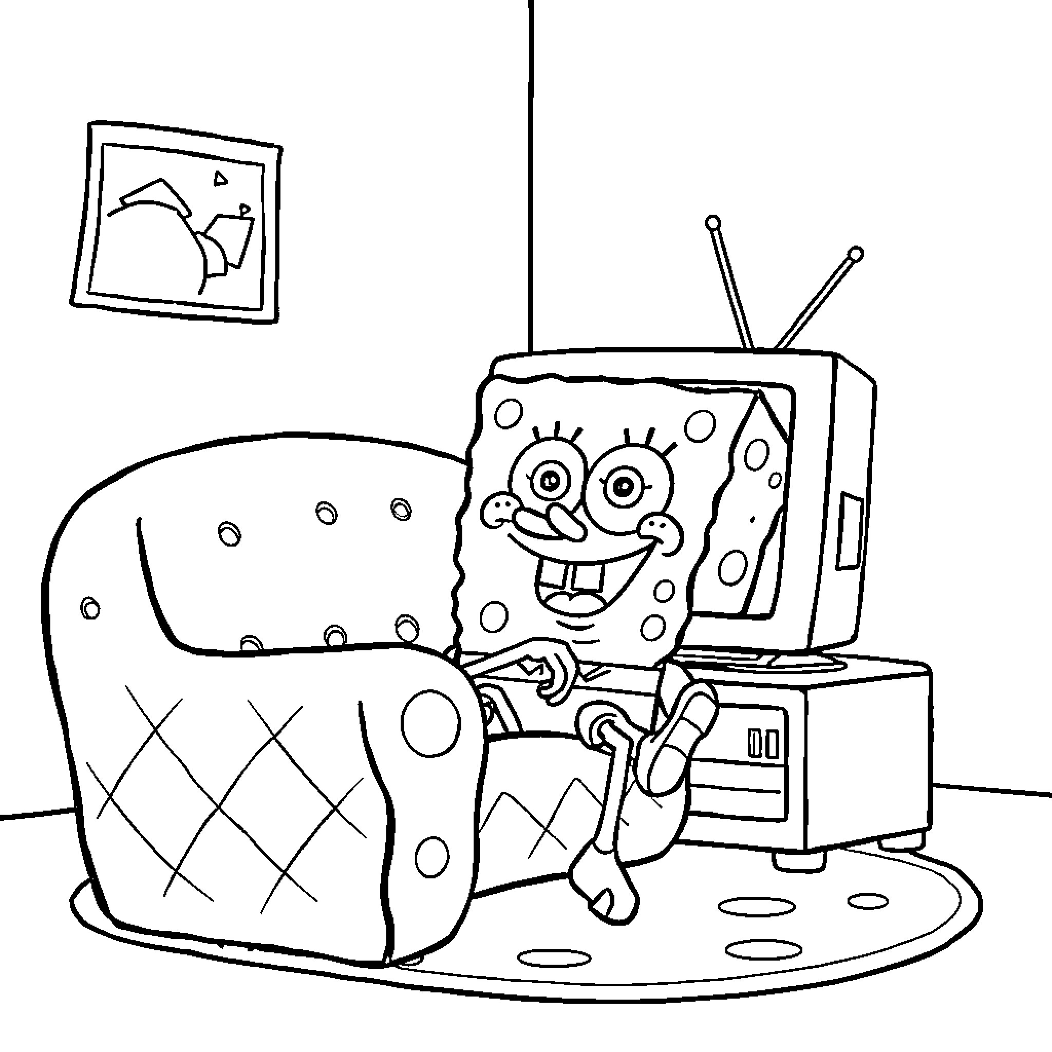 Spongebob watching TV happily in his home Coloring Page (free black-and-white line drawing printable PDF for all, from beginners to advanced learners, including children, teens, adults, and seniors)