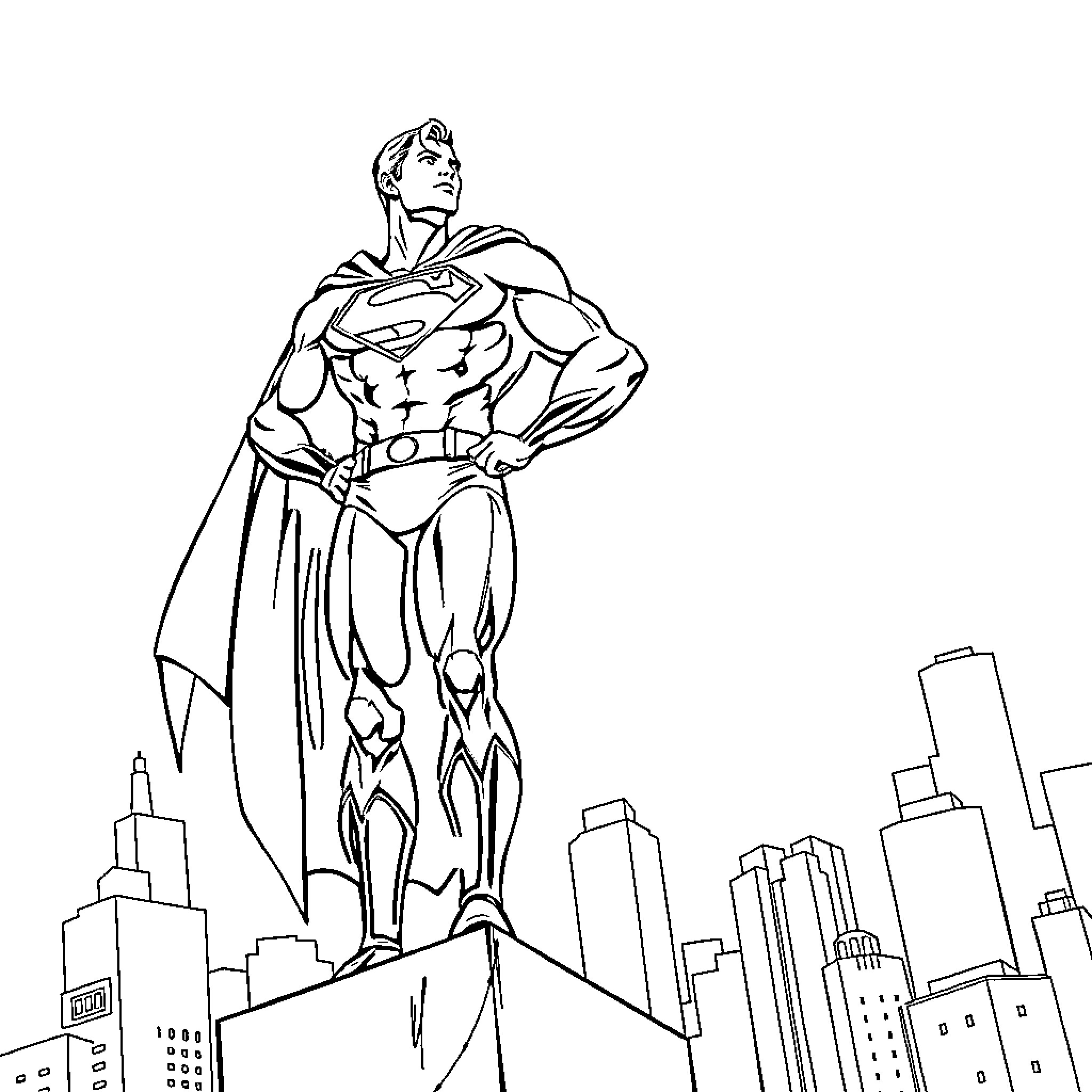 Superman standing heroically overlooking a city skyline Coloring Page (free black-and-white line drawing printable PDF for all, from beginners to advanced learners, including children, teens, adults, and seniors)