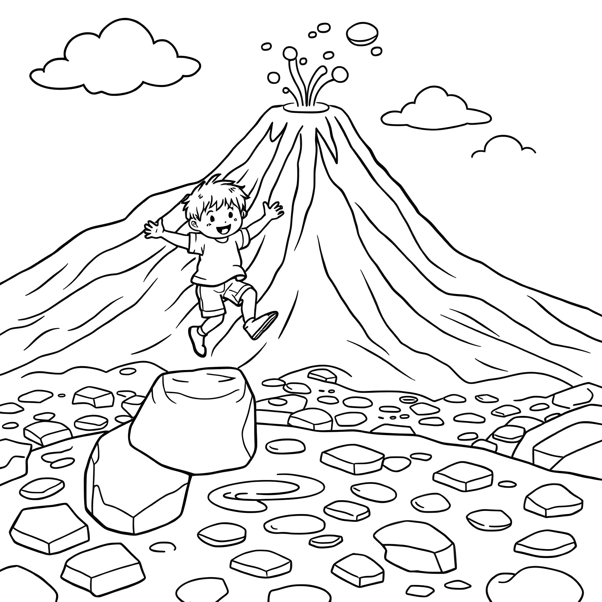 Child playing happily near a volcano eruption Coloring Page (free black-and-white line drawing printable PDF for all, from beginners to advanced learners, including children, teens, adults, and seniors)