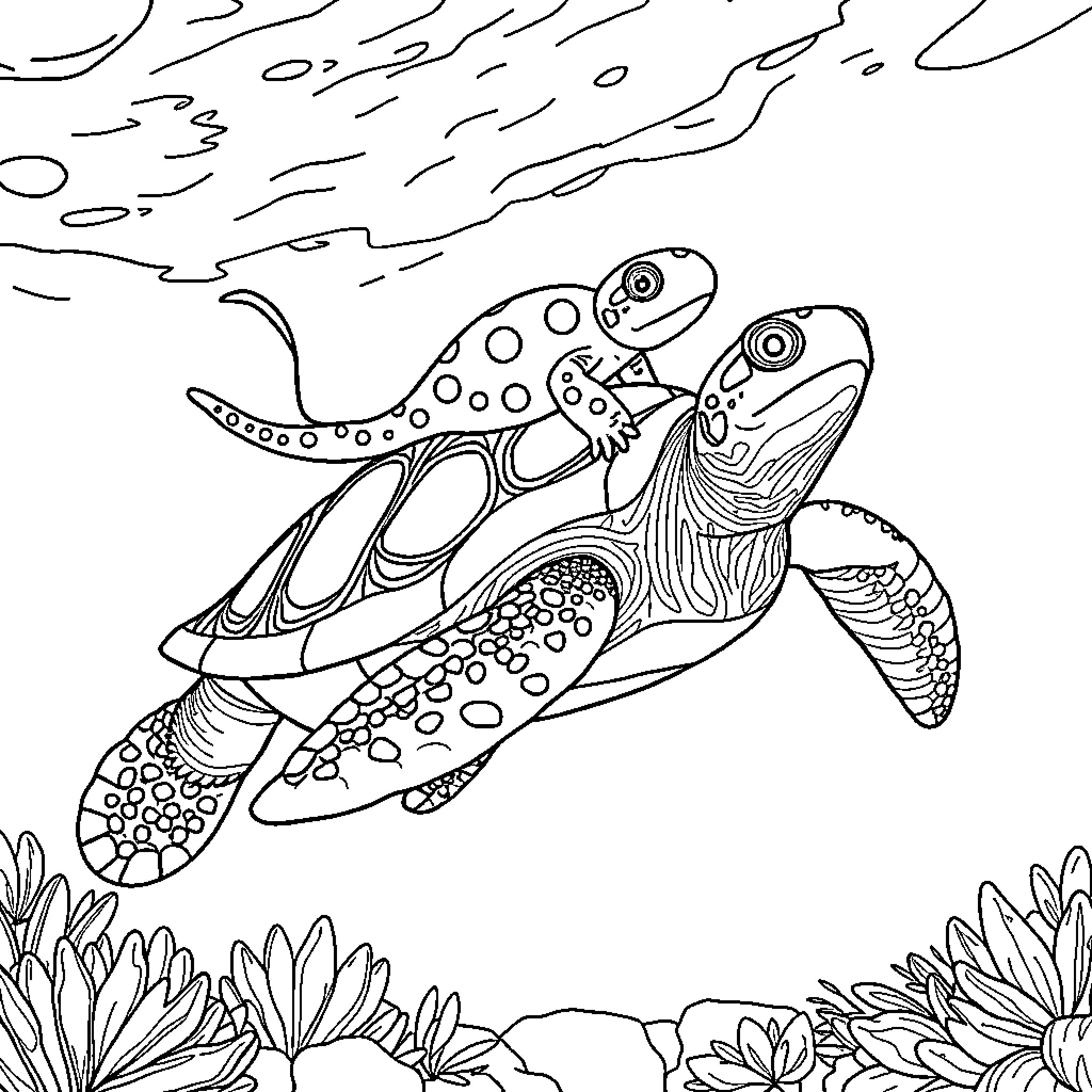 Axolotl swimming among aquatic plants Coloring Page (free black-and-white line drawing printable PDF for all, from beginners to advanced learners, including children, teens, adults, and seniors)