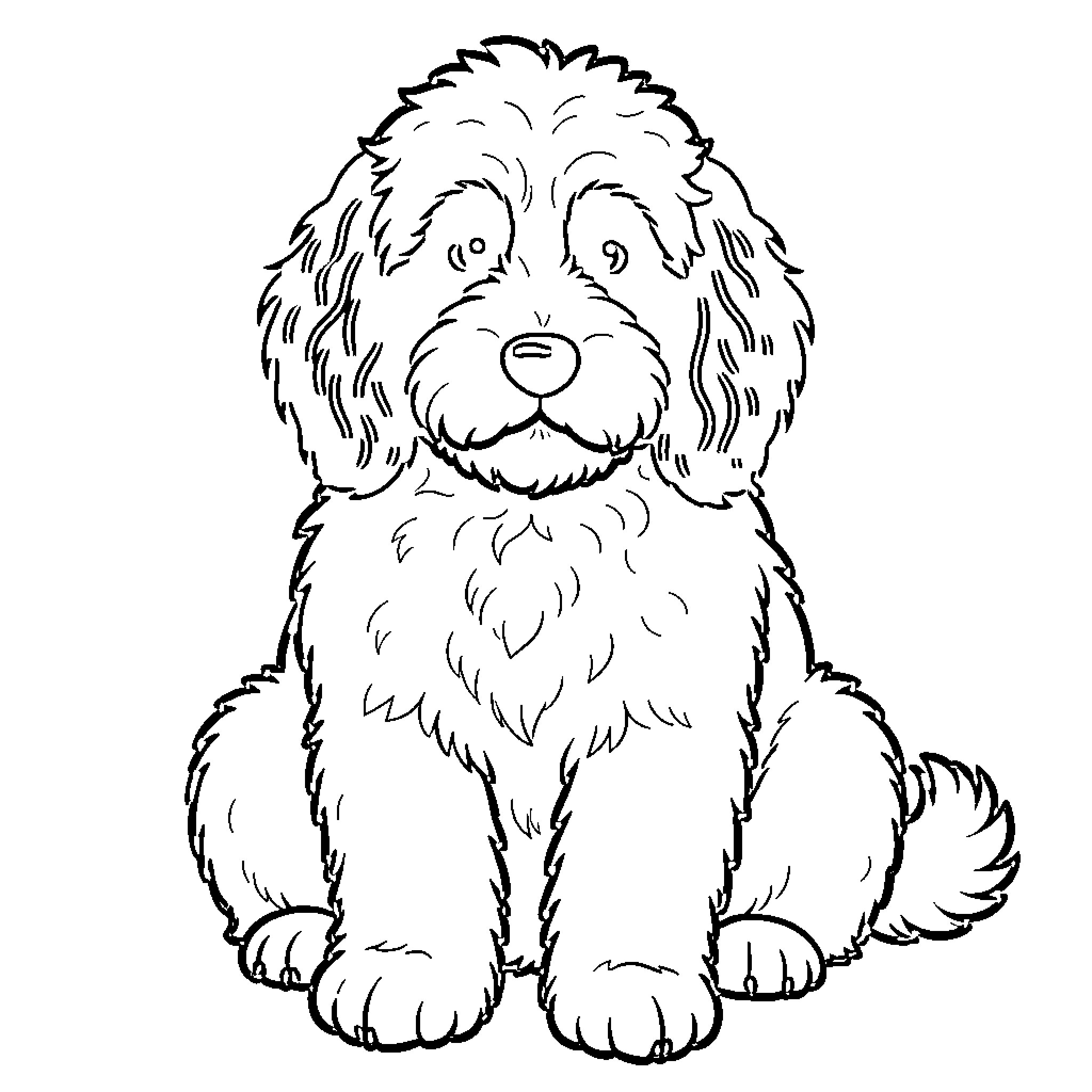 Sheepadoodle sitting calmly and looking forward Coloring Page (free black-and-white line drawing printable PDF for all, from beginners to advanced learners, including children, teens, adults, and seniors)