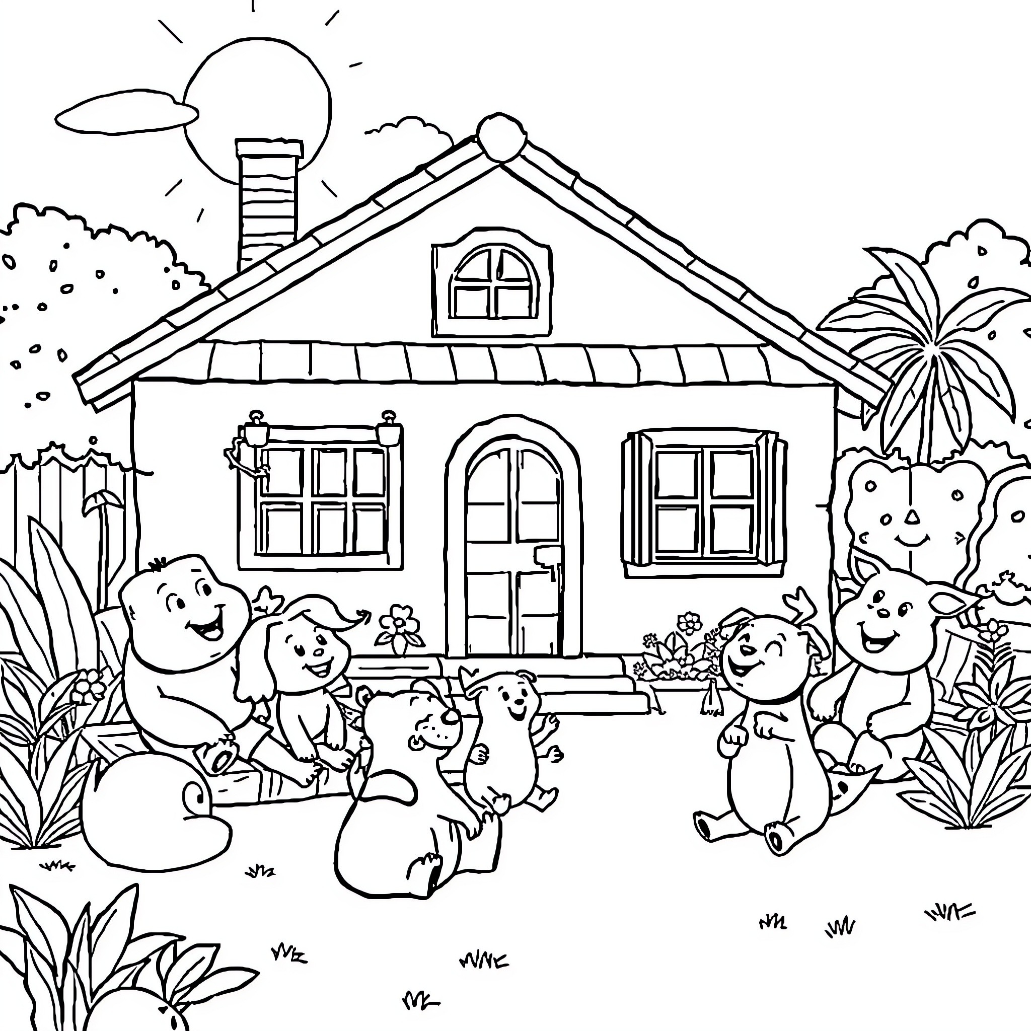 House with happy animals playing outdoors Coloring Page (free black-and-white line drawing printable PDF for all, from beginners to advanced learners, including children, teens, adults, and seniors)