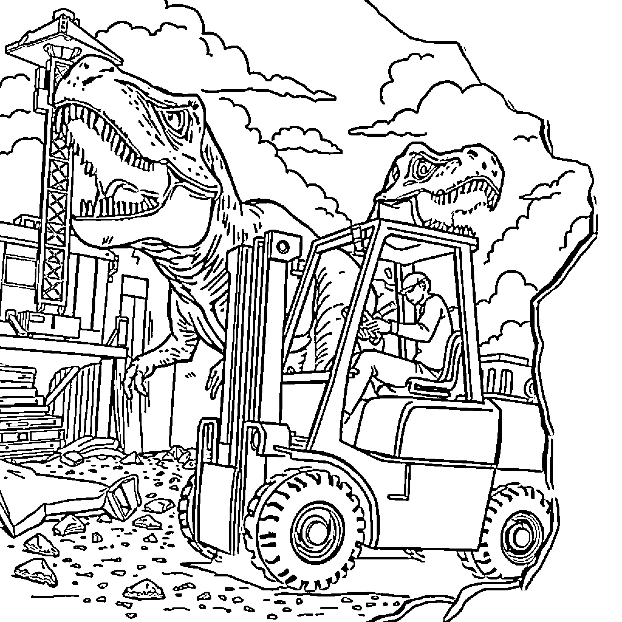 Forklift navigating through dinosaur-filled construction site Coloring Page (free black-and-white line drawing printable PDF for all, from beginners to advanced learners, including children, teens, adults, and seniors)