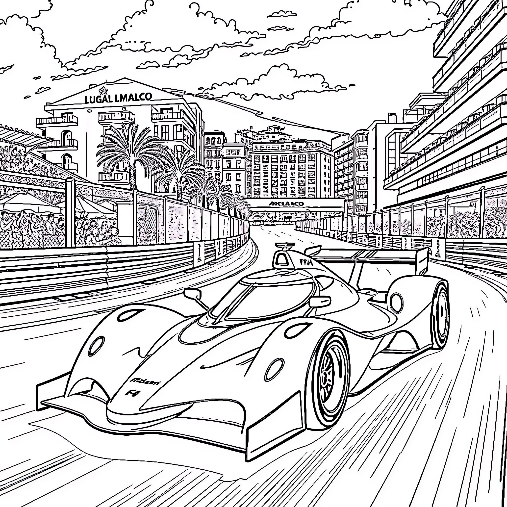 McLaren F1 racing through a futuristic city Coloring Page (free black-and-white line drawing printable PDF for all, from beginners to advanced learners, including children, teens, adults, and seniors)