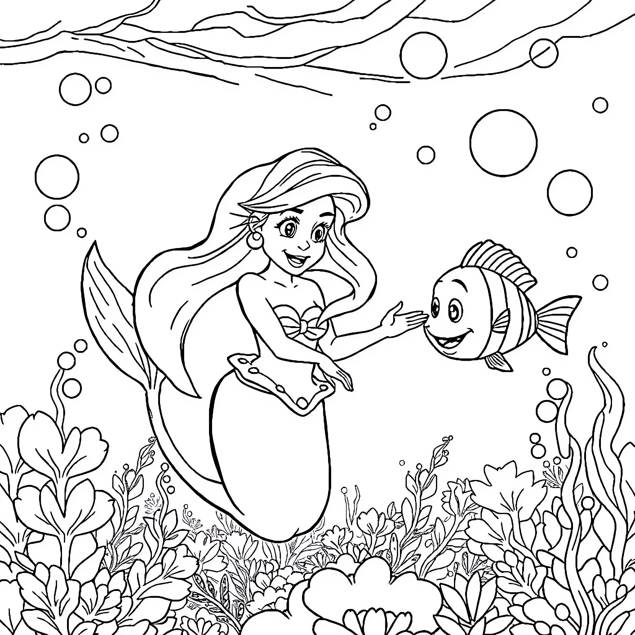 Ariel exploring the underwater world with her fishy friend Coloring Page (free black-and-white line drawing printable PDF for all, from beginners to advanced learners, including children, teens, adults, and seniors)