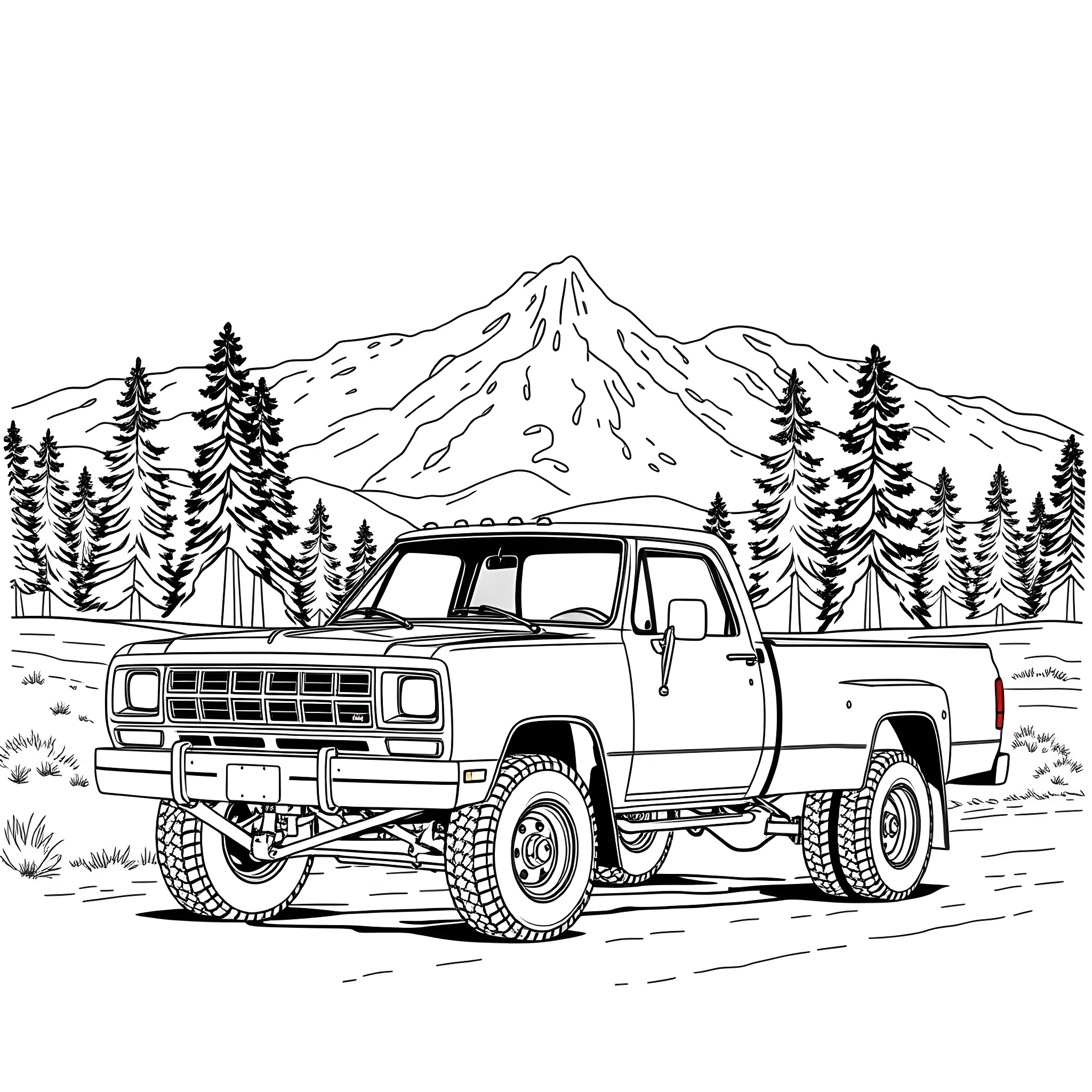 Dodge Truck Traversing Mountain Terrain Coloring Page (free black-and-white line drawing printable PDF for all, from beginners to advanced learners, including children, teens, adults, and seniors)