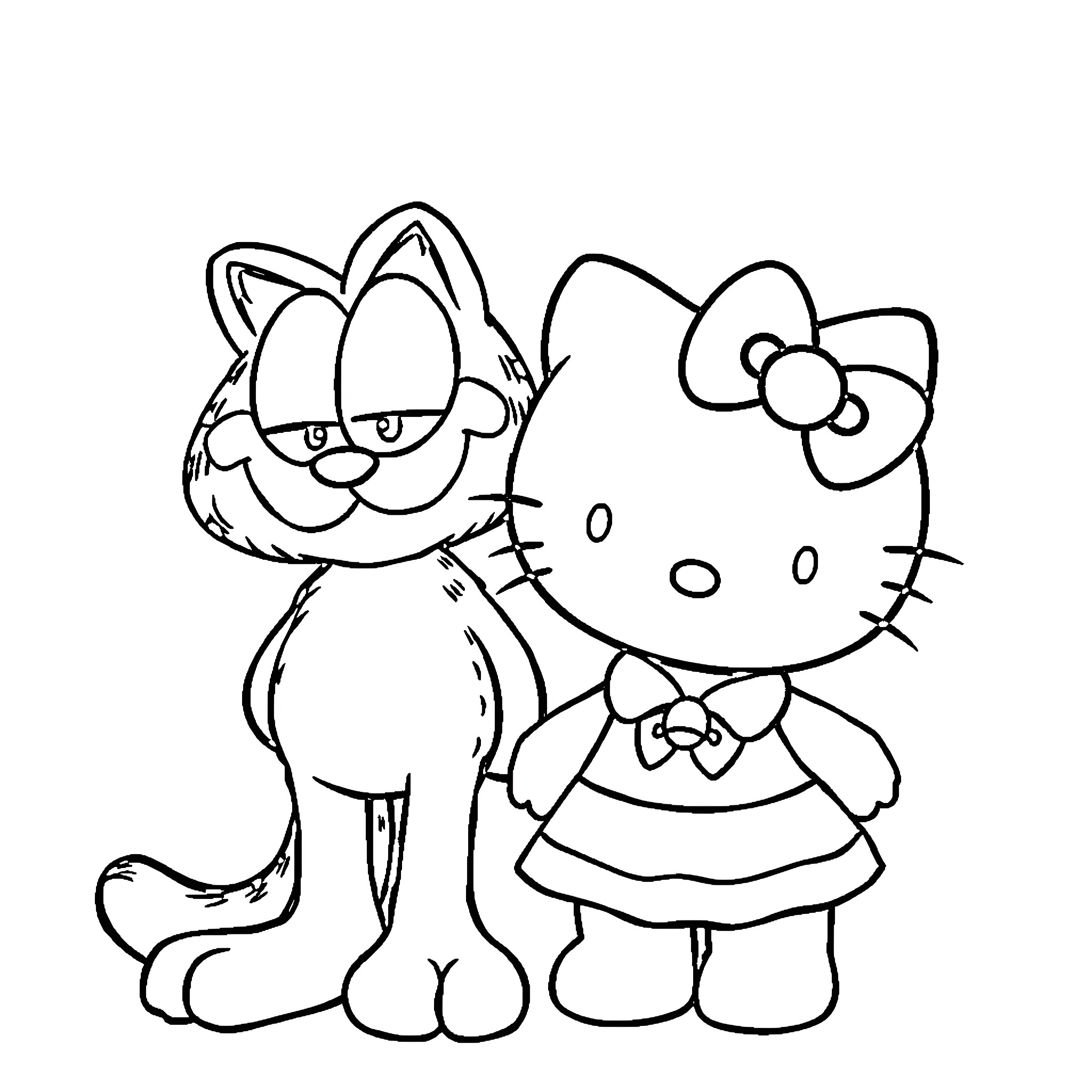 Garfield and Hello Kitty in playful poses Coloring Page (free black-and-white line drawing printable PDF for all, from beginners to advanced learners, including children, teens, adults, and seniors)