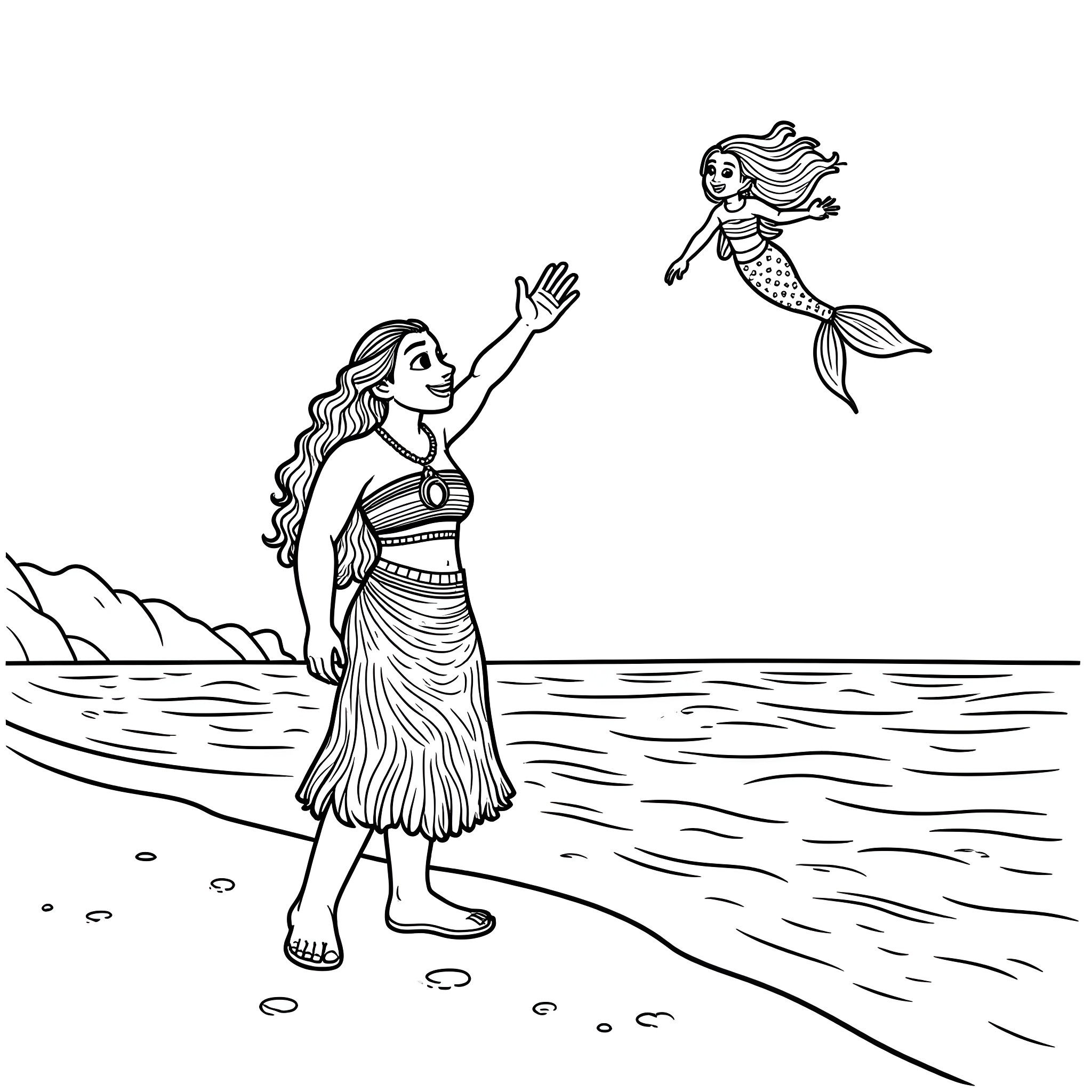 Moana greeting a mermaid on the beach Coloring Page (free black-and-white line drawing printable PDF for all, from beginners to advanced learners, including children, teens, adults, and seniors)