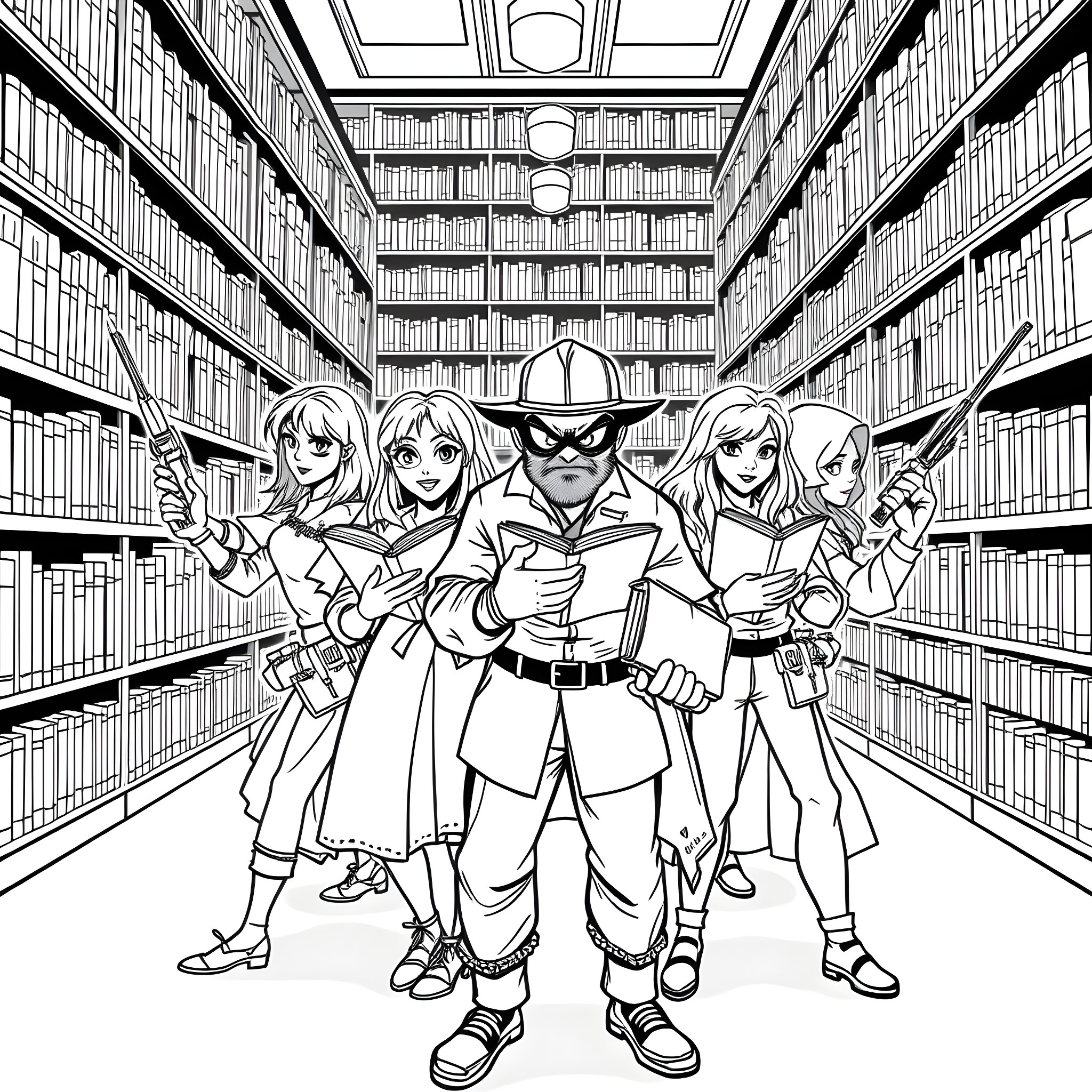 Librarian Leads Heroic Team Through Shelves Coloring Page (free black-and-white line drawing printable PDF for all, from beginners to advanced learners, including children, teens, adults, and seniors)