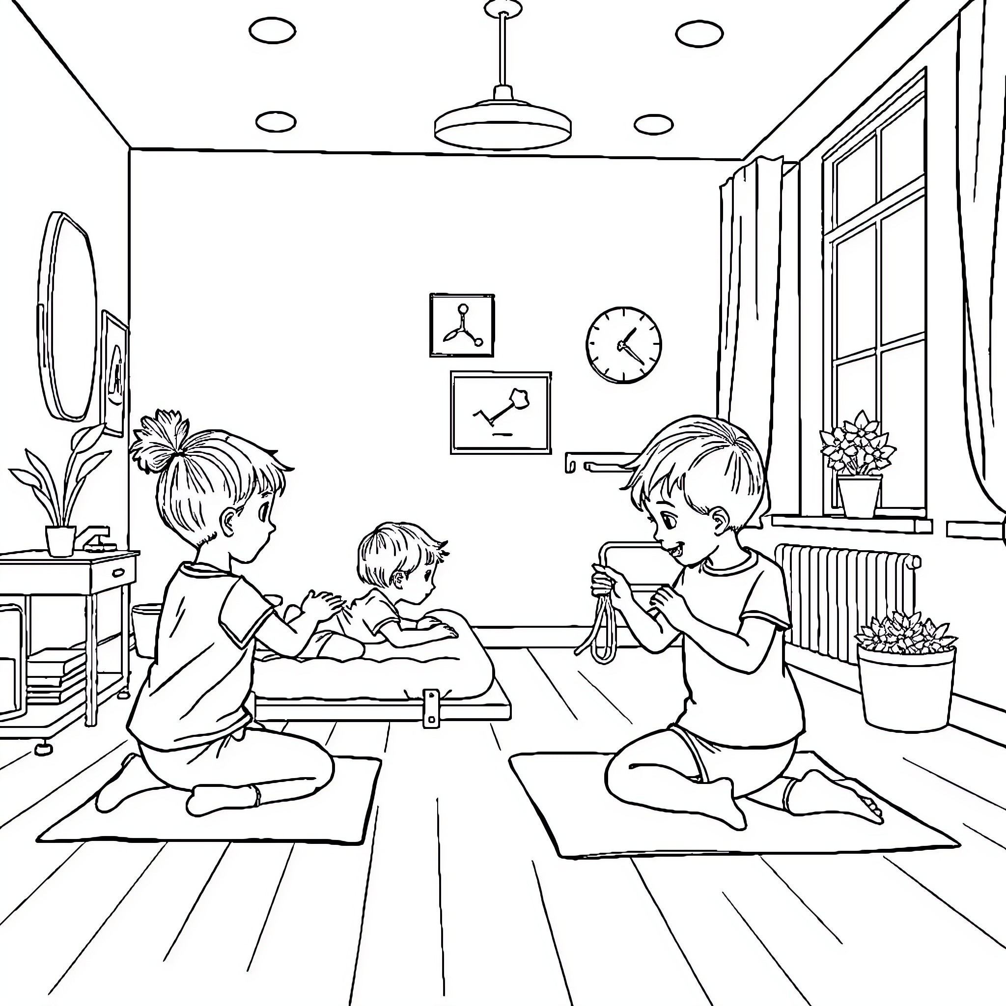 Kid playing together in a cozy indoor setting Coloring Page (free black-and-white line drawing printable PDF for all, from beginners to advanced learners, including children, teens, adults, and seniors)