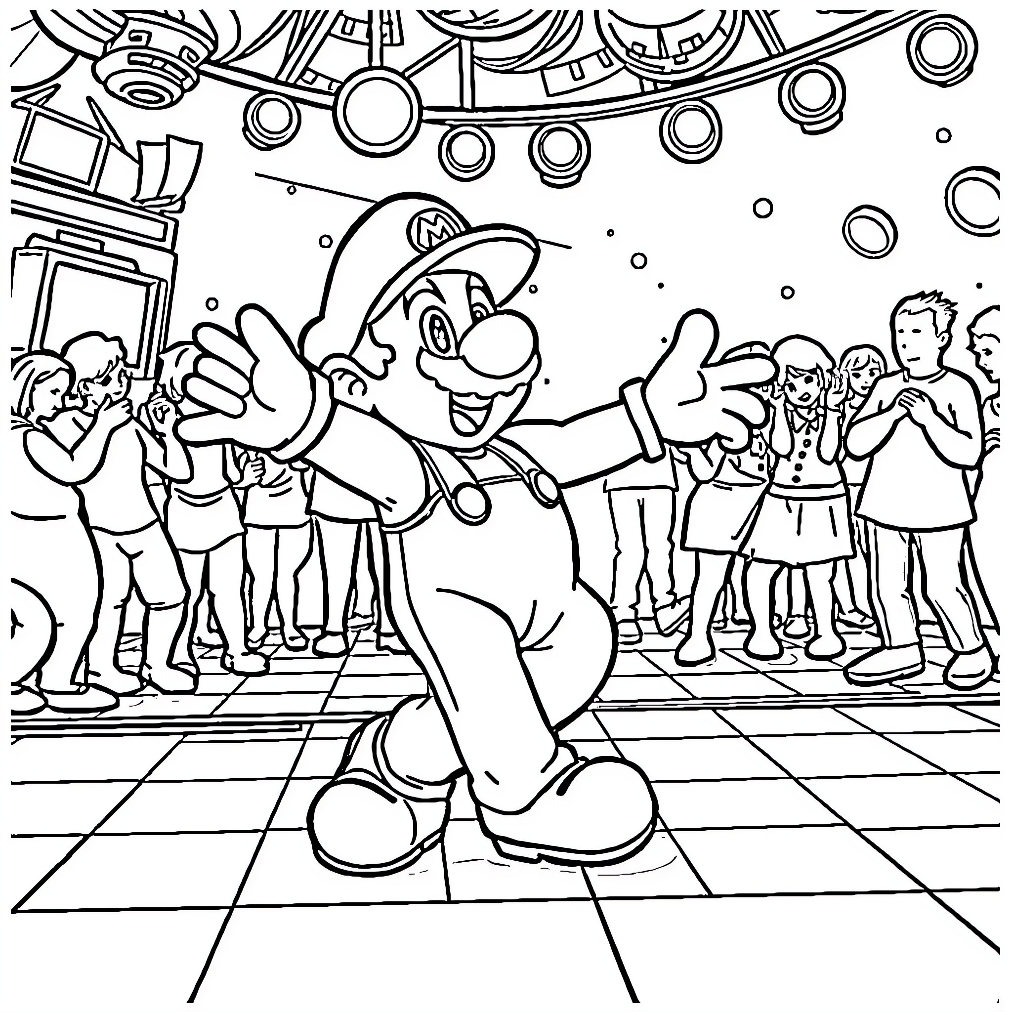 Mario Celebrates with Friends at a Party Coloring Page (free black-and-white line drawing printable PDF for all, from beginners to advanced learners, including children, teens, adults, and seniors)