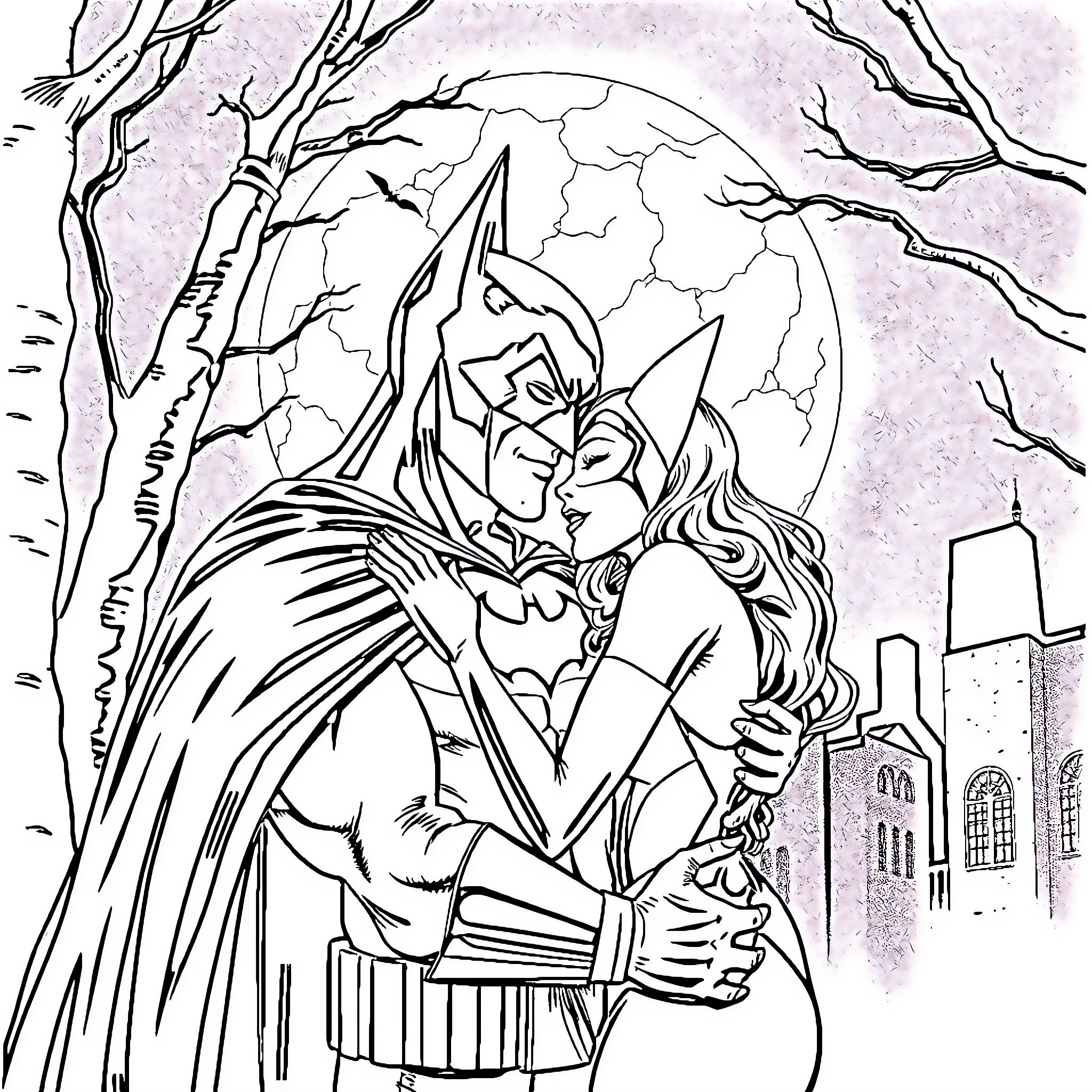 Batman and Batwoman in a Romantic Embrace Coloring Page (free black-and-white line drawing printable PDF for all, from beginners to advanced learners, including children, teens, adults, and seniors)