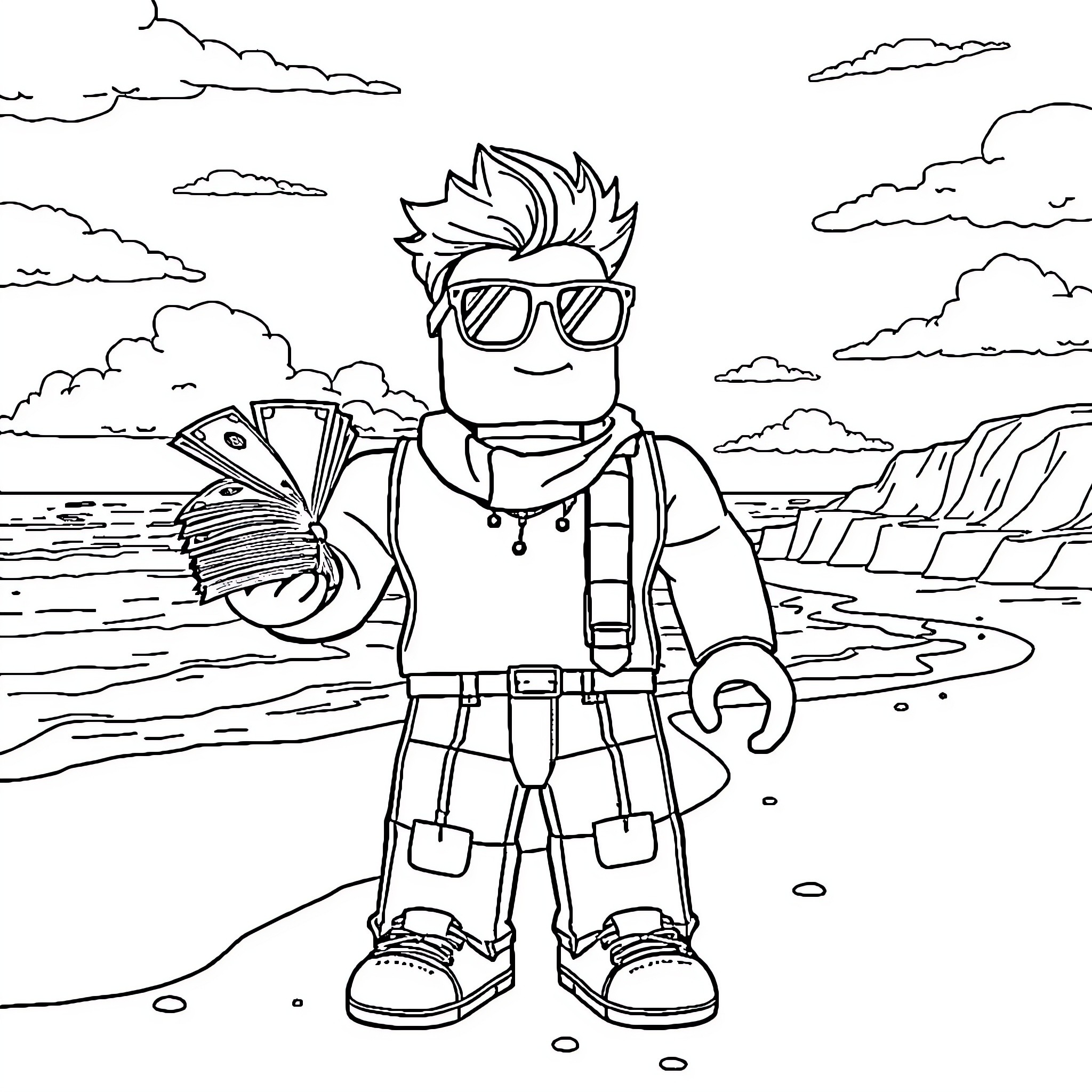 Roblox Noob enjoying a day at the beach Coloring Page (free black-and-white line drawing printable PDF for all, from beginners to advanced learners, including children, teens, adults, and seniors)