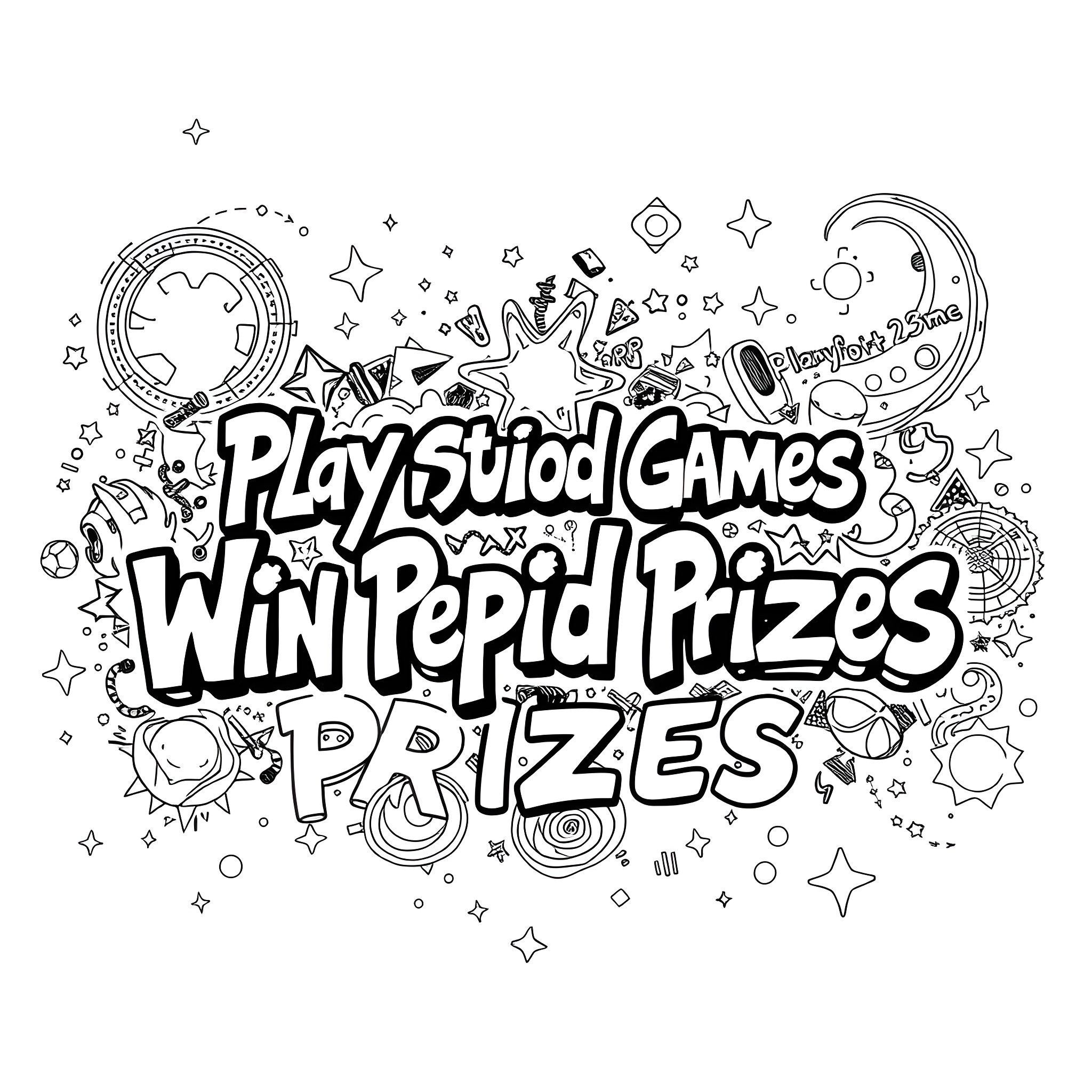 Graffiti of Games and Prizes Coloring Page (free black-and-white line drawing printable PDF for all, from beginners to advanced learners, including children, teens, adults, and seniors)