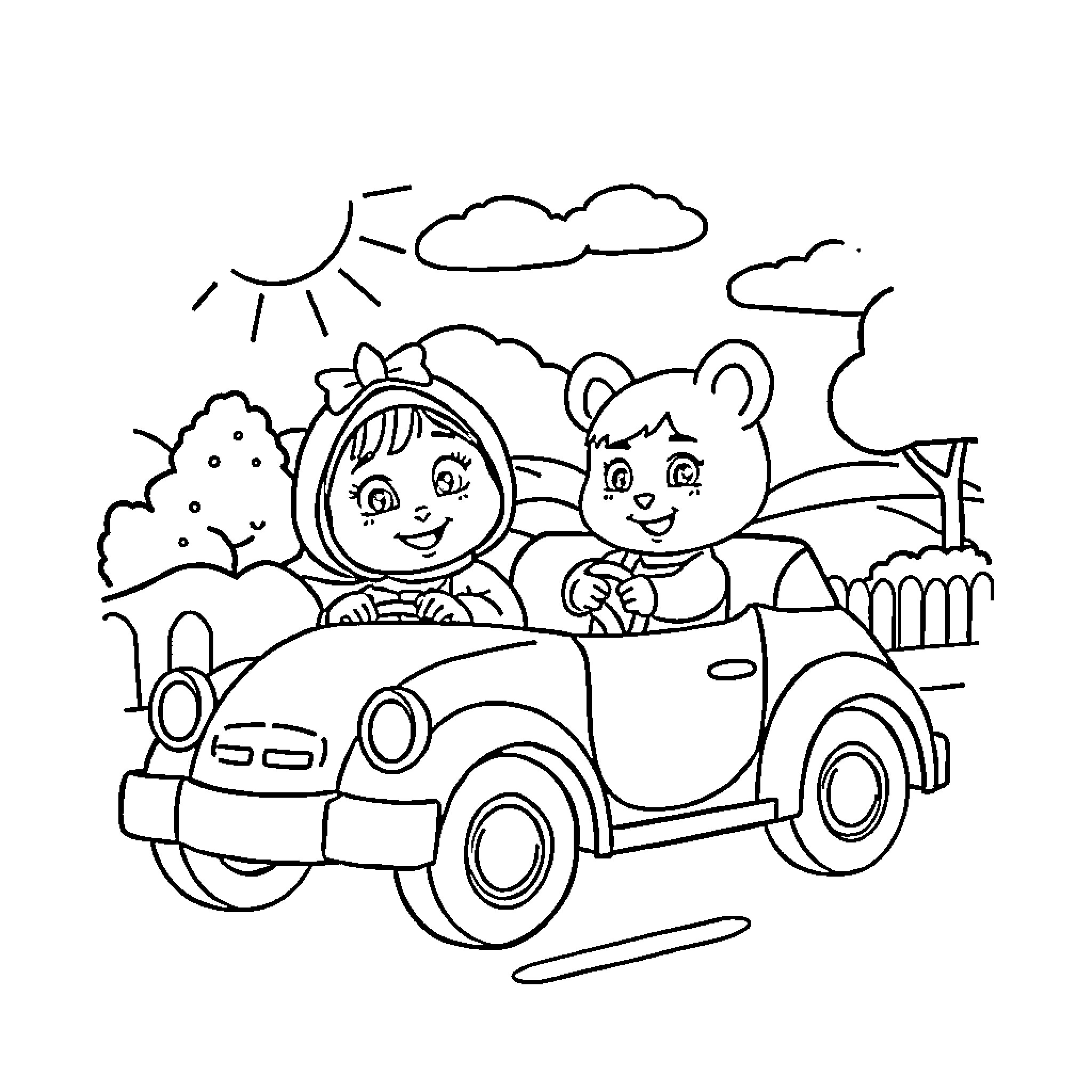 Masha and Bear taking a joyful car ride Coloring Page (free black-and-white line drawing printable PDF for all, from beginners to advanced learners, including children, teens, adults, and seniors)
