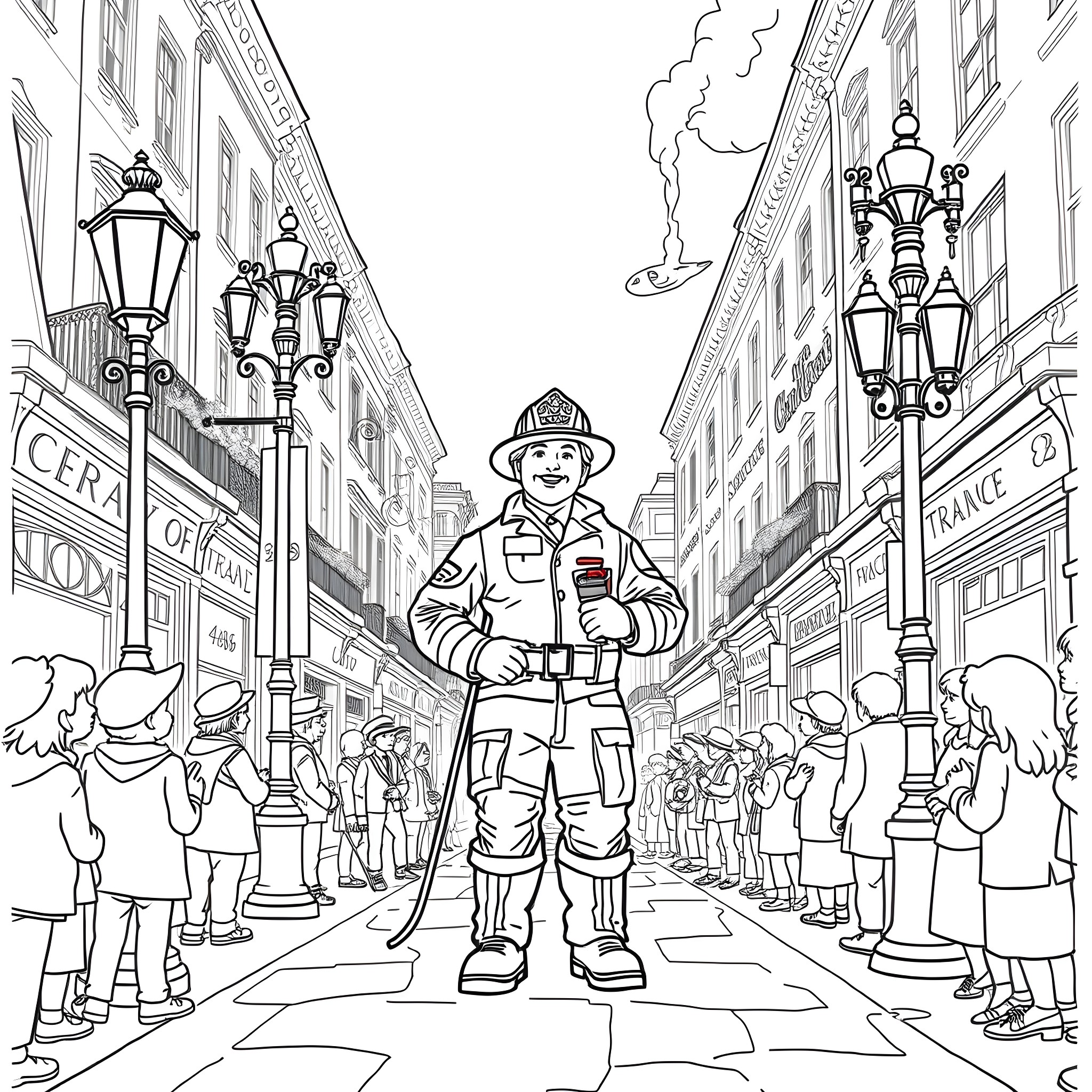 Fire Fighter on Duty in City Street Coloring Page (free black-and-white line drawing printable PDF for all, from beginners to advanced learners, including children, teens, adults, and seniors)