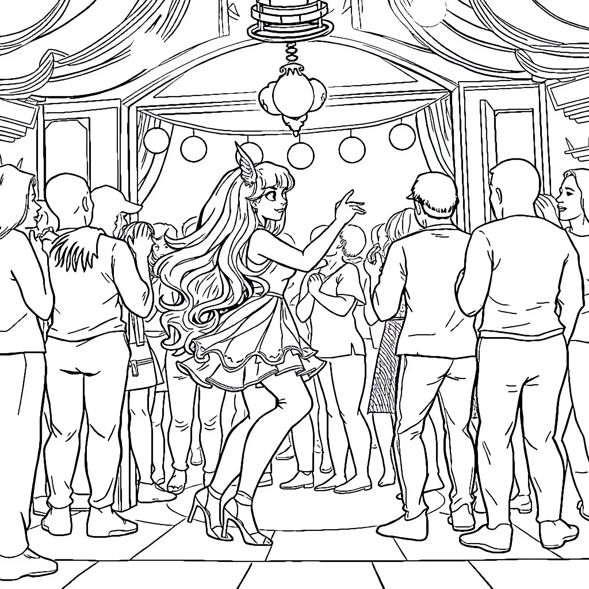 Raiponce enjoying a festive party with friends Coloring Page (free black-and-white line drawing printable PDF for all, from beginners to advanced learners, including children, teens, adults, and seniors)