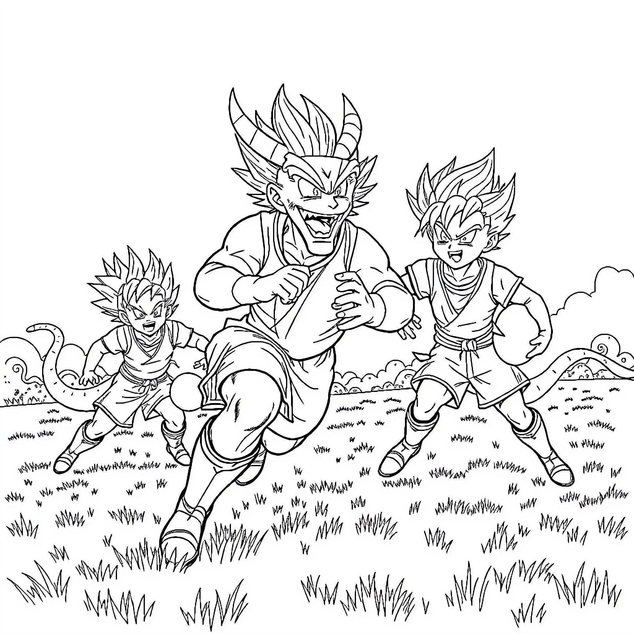 Dragonball Characters in Action Pose Coloring Page (free black-and-white line drawing printable PDF for all, from beginners to advanced learners, including children, teens, adults, and seniors)