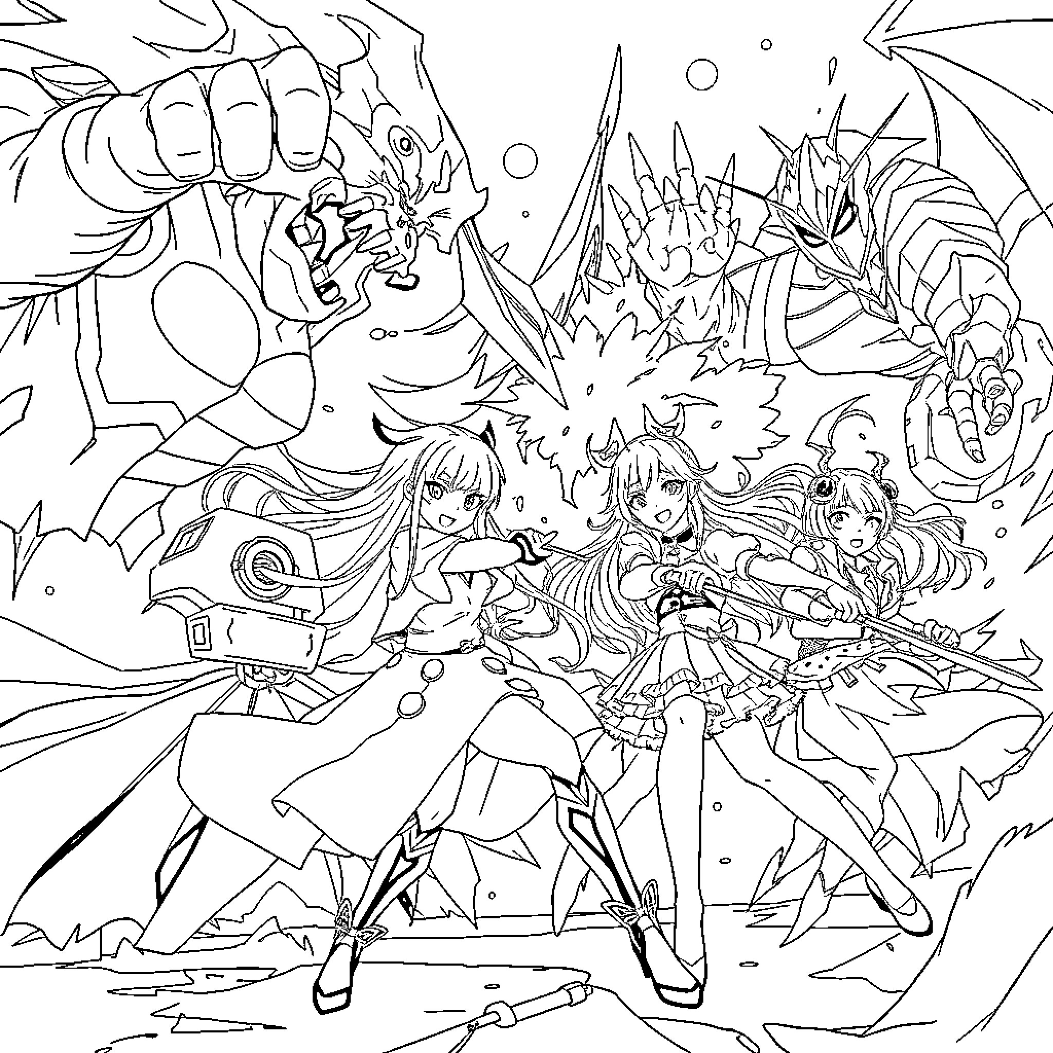 Sin of the Magical Girls' Battle Coloring Page (free black-and-white line drawing printable PDF for all, from beginners to advanced learners, including children, teens, adults, and seniors)