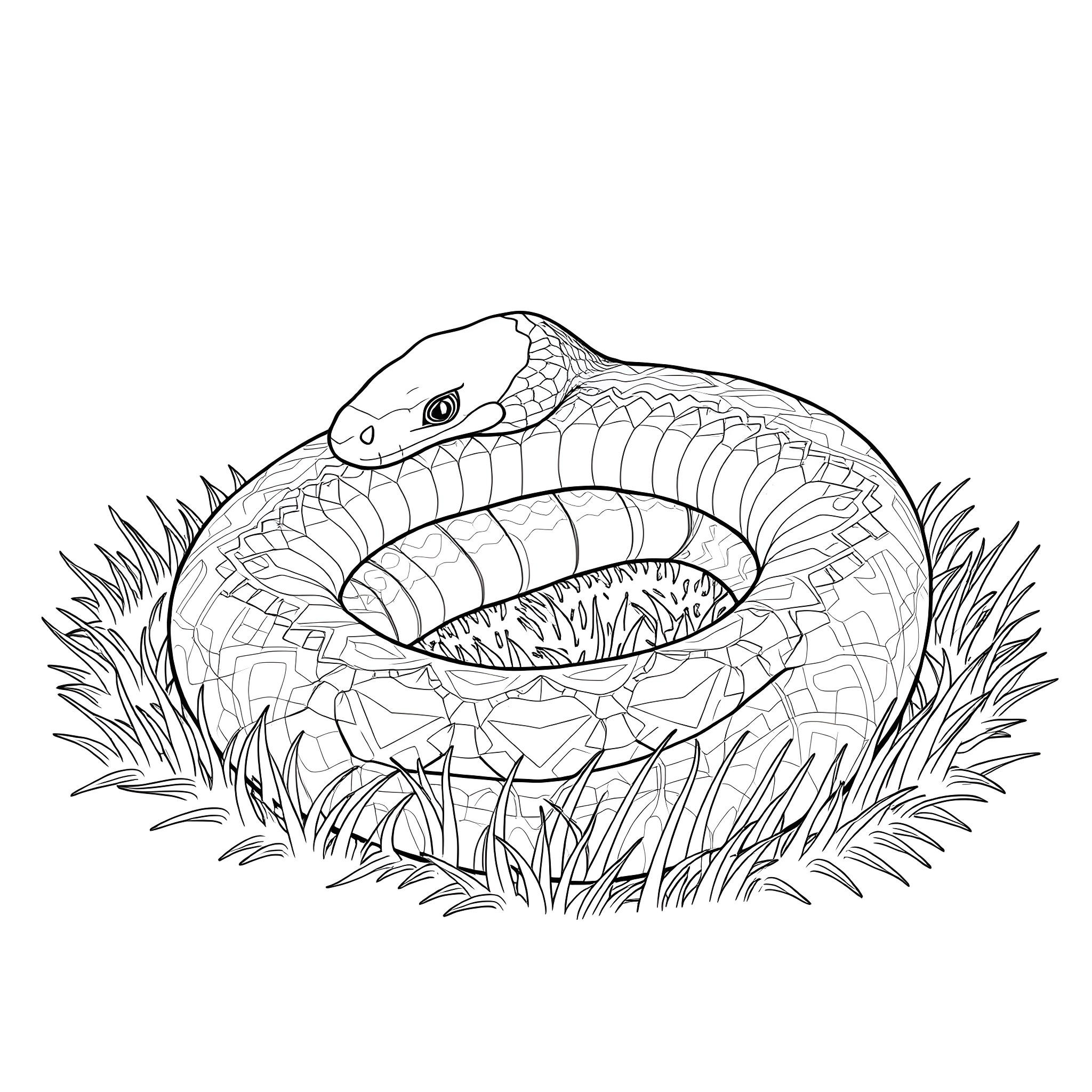 Dendroaspis Angusticeps coiled in tall grass Coloring Page (free black-and-white line drawing printable PDF for all, from beginners to advanced learners, including children, teens, adults, and seniors)