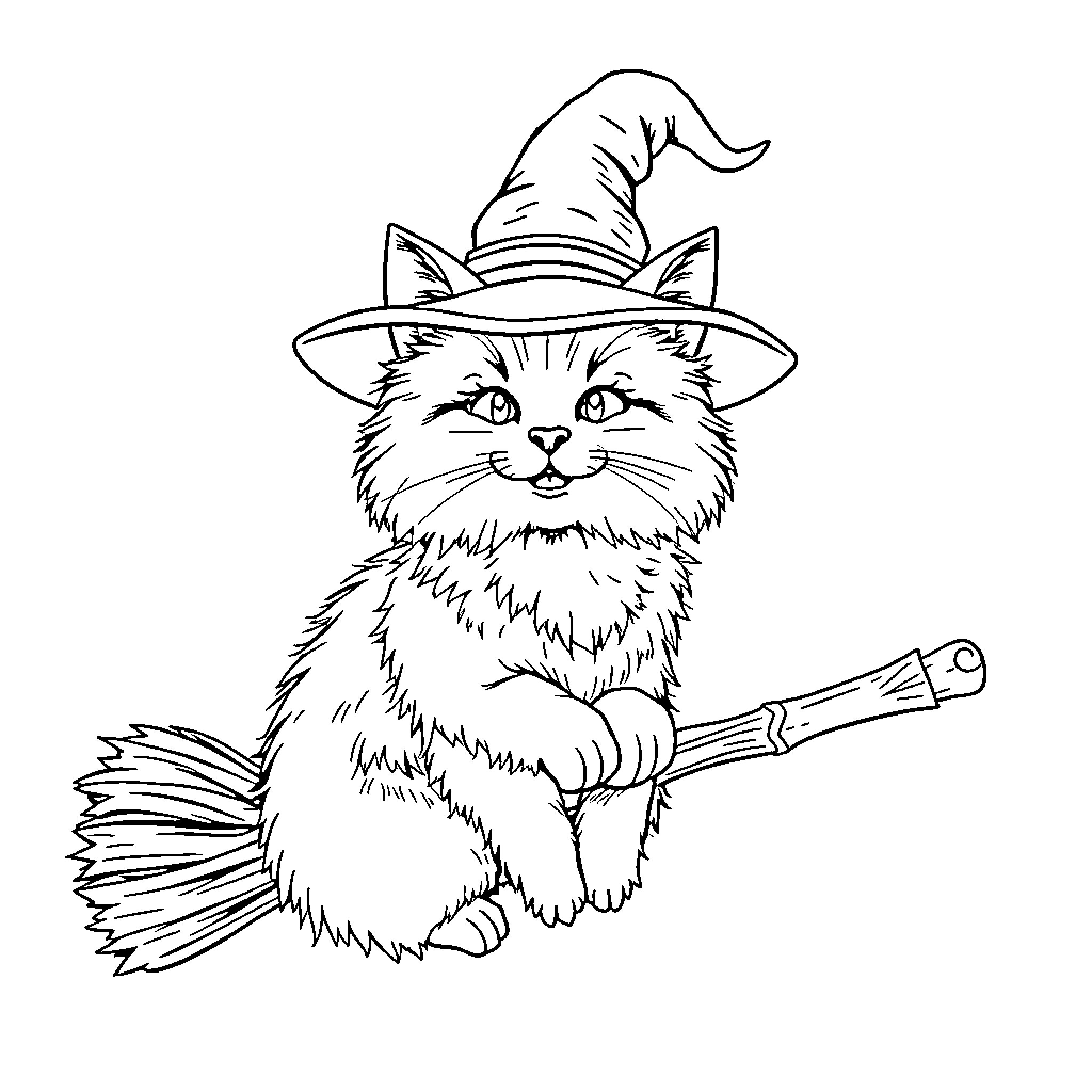 Cat dressed as a witch riding a broomstick Coloring Page (free black-and-white line drawing printable PDF for all, from beginners to advanced learners, including children, teens, adults, and seniors)