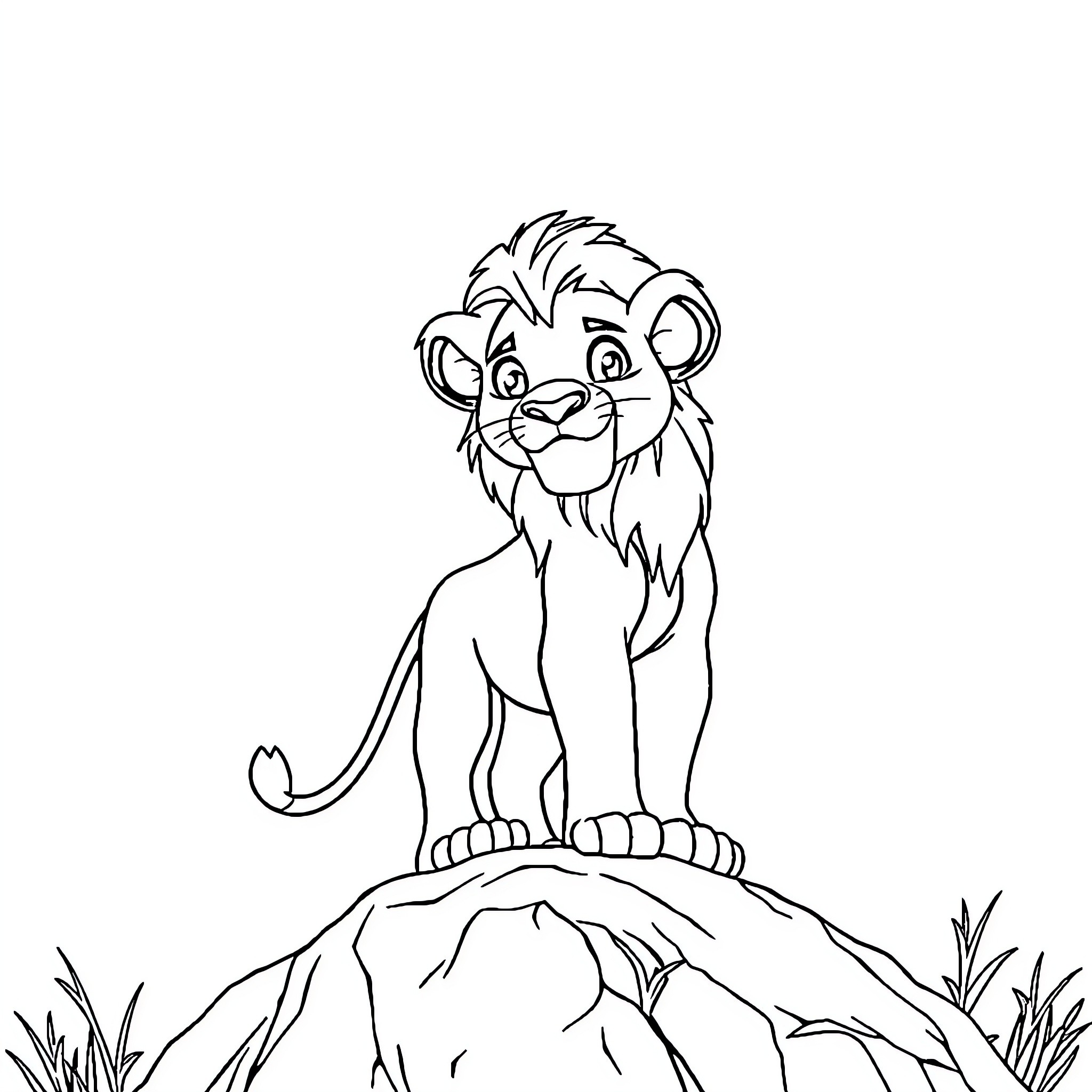 Simba, the young lion, surveys his kingdom Coloring Page (free black-and-white line drawing printable PDF for all, from beginners to advanced learners, including children, teens, adults, and seniors)